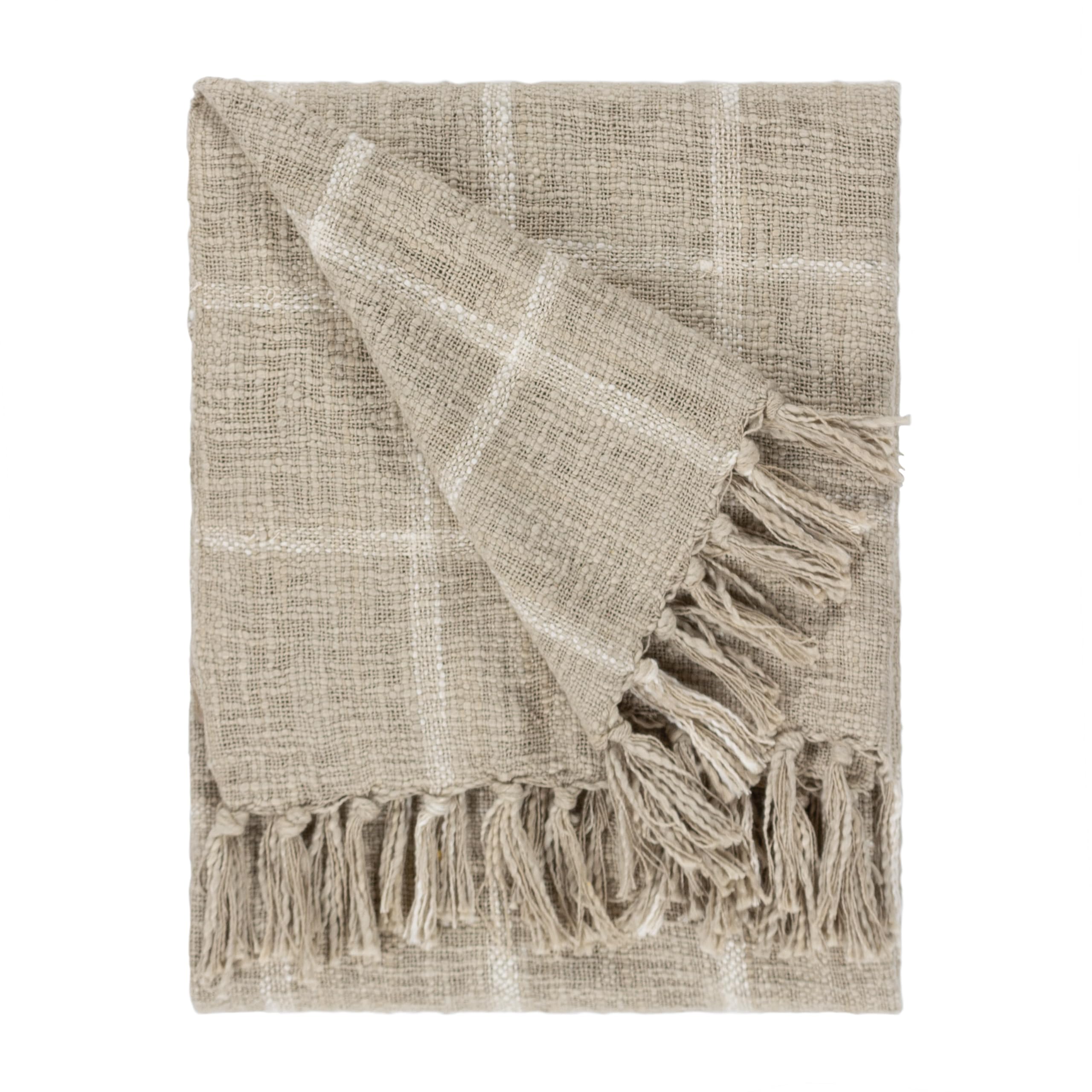 Yard Beni Stone & Natural Checked Fringed Throw 130 x 180cm Cotton