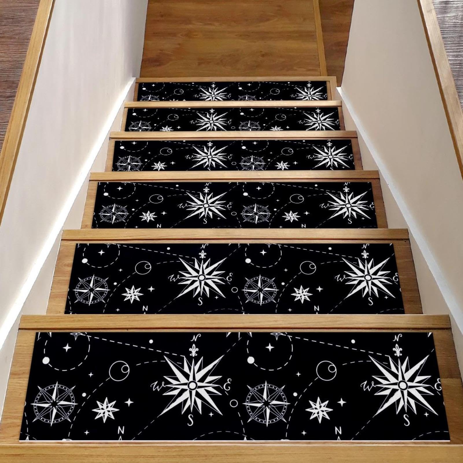 Alfombra para peldaños de madera con diseño de brújula, juego de 15 alfombrillas lavables