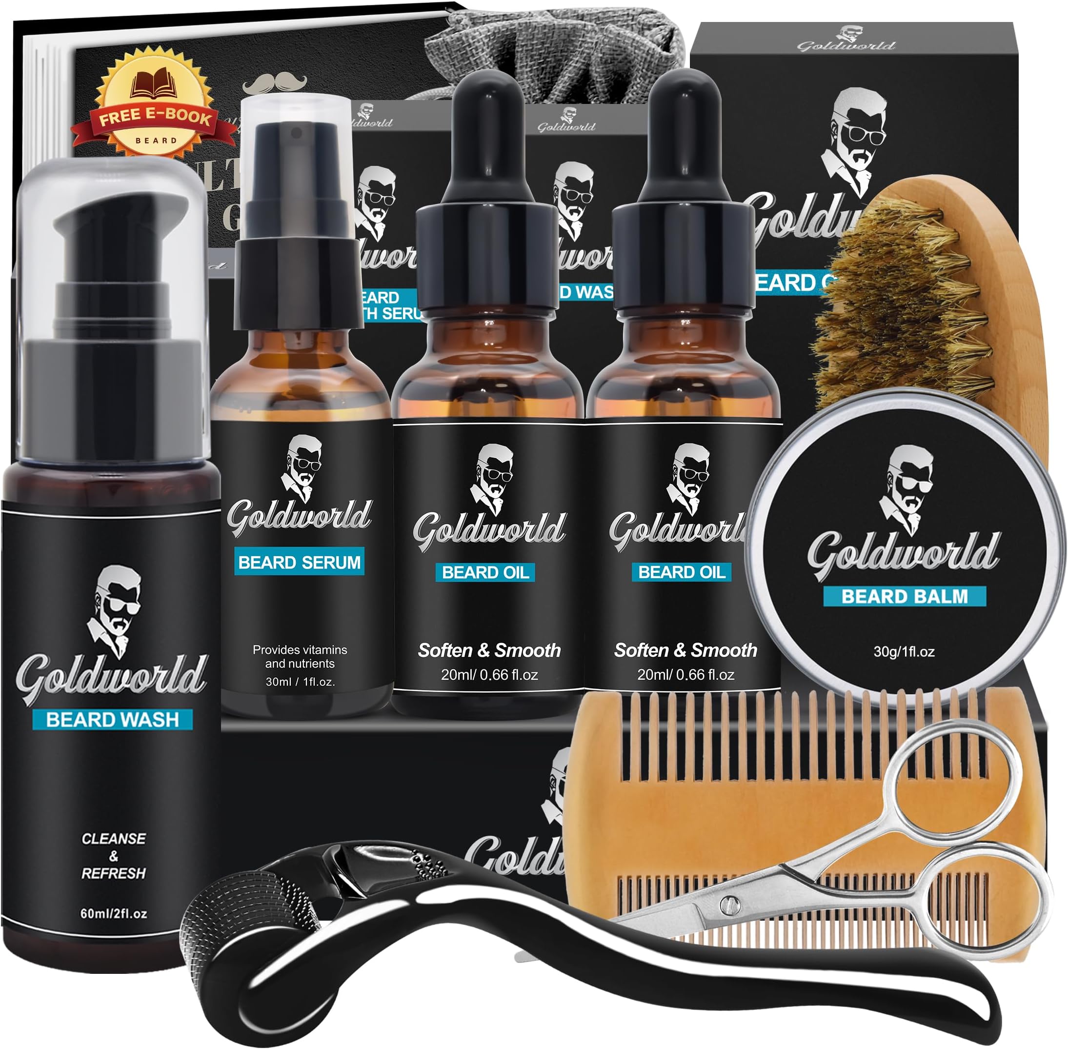Beard Kit,Beard Grooming Kit w/Beard Wash/Shampoo,2 Packs Beard Oil,Beard Balm,Beard Wash,Brush,Comb,Scissor,Storage Bag,E-Book,Beard Care&Trimming Kit