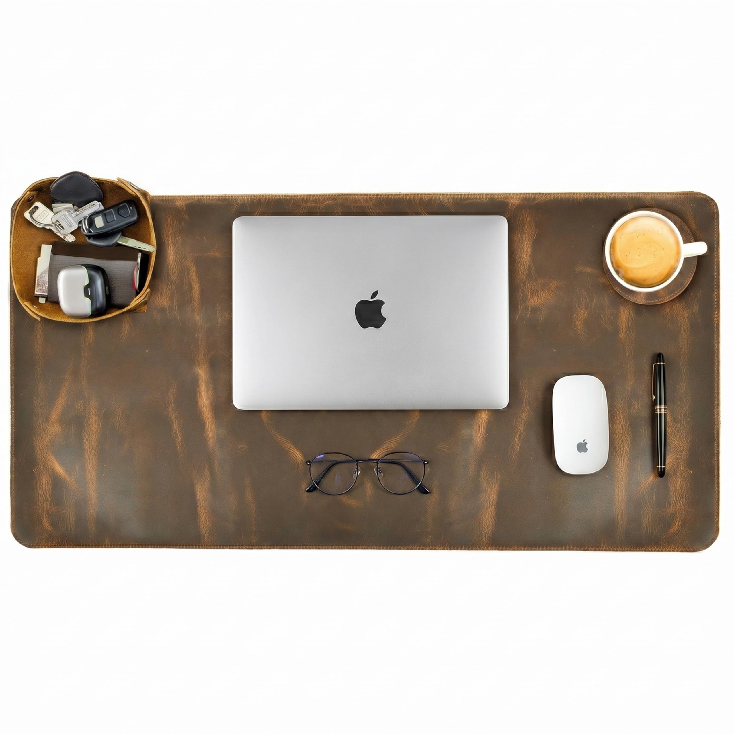 LEATHER VILLAGE Schreibtischunterlage aus echtem Leder für Schreibtisch und Laptop, mit Ledertablett und Tee-Untersetzer, 3 mm dick, Schreibtischabdeckung aus echtem Leder, Braun, 81,3 x 40,6 cm | 81,3 x 40,6 cm, große Vollnarben-Schutzfolie für Tastatur,