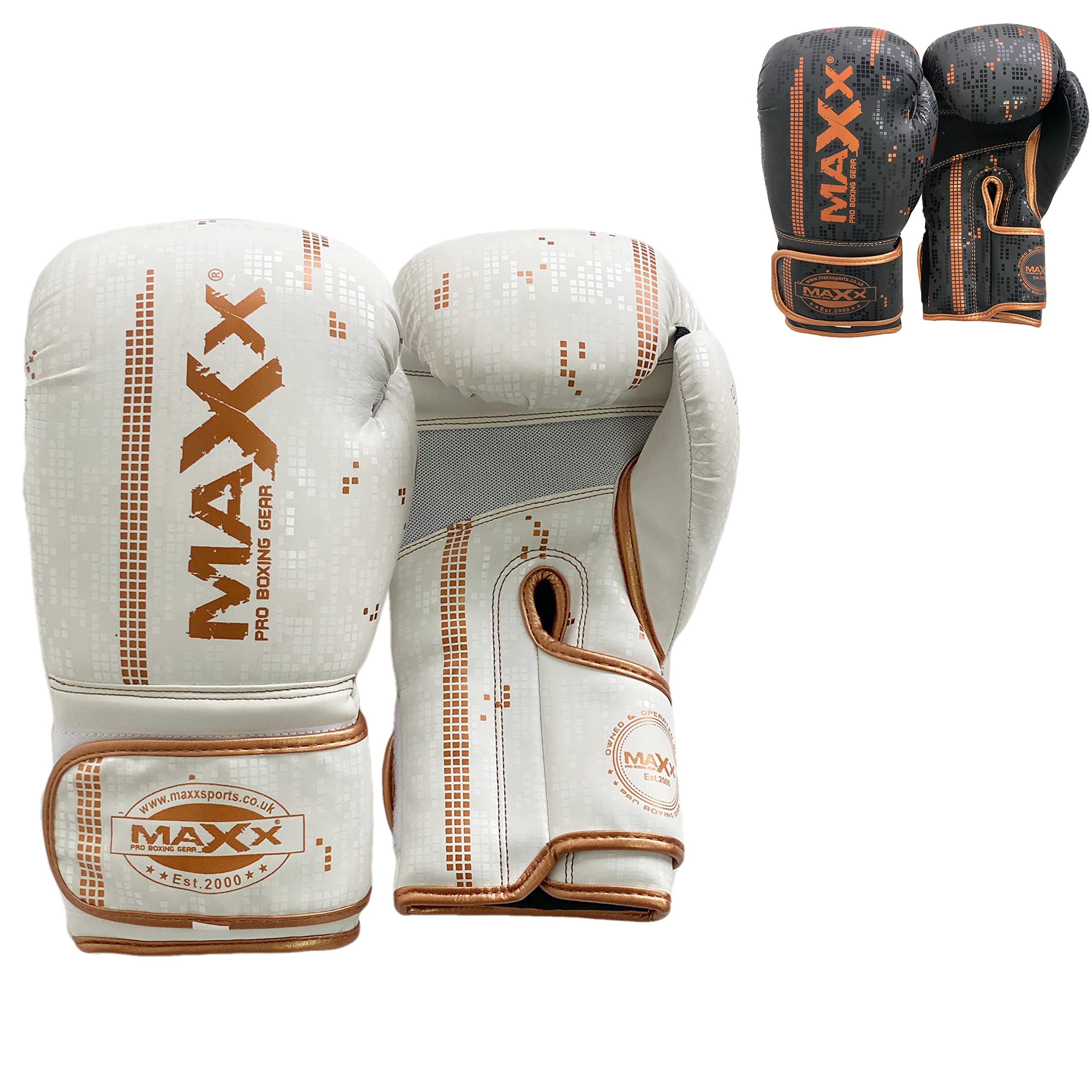 Maxx Boxing Gloves Pixel Range Rex Leather Training Boxing Gloves Sparring Gloves Martial Art Gloves, Muay Thai Mma Kickboxing Punch Bag Gloves 4 6 8 10 12 14 16 Oz (16oz, White Glove)