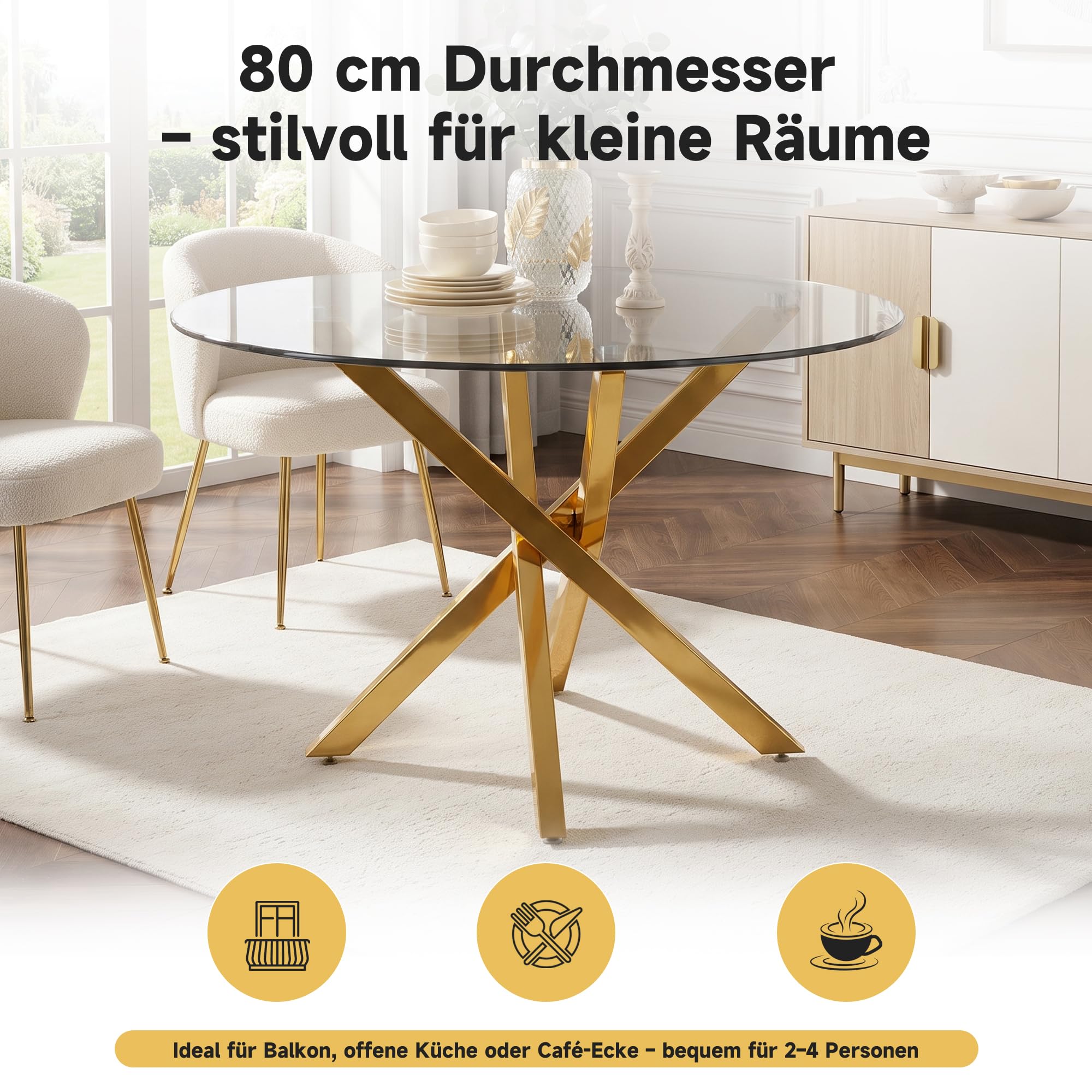 Tavolo da pranzo rotondo, 80 x 80 x 75 cm, piano in vetro, stile moderno, gambe dorate, può essere utilizzato come tavolino da caffè/tavolino d'appoggio, stile minimalista moderno, oro + vetro