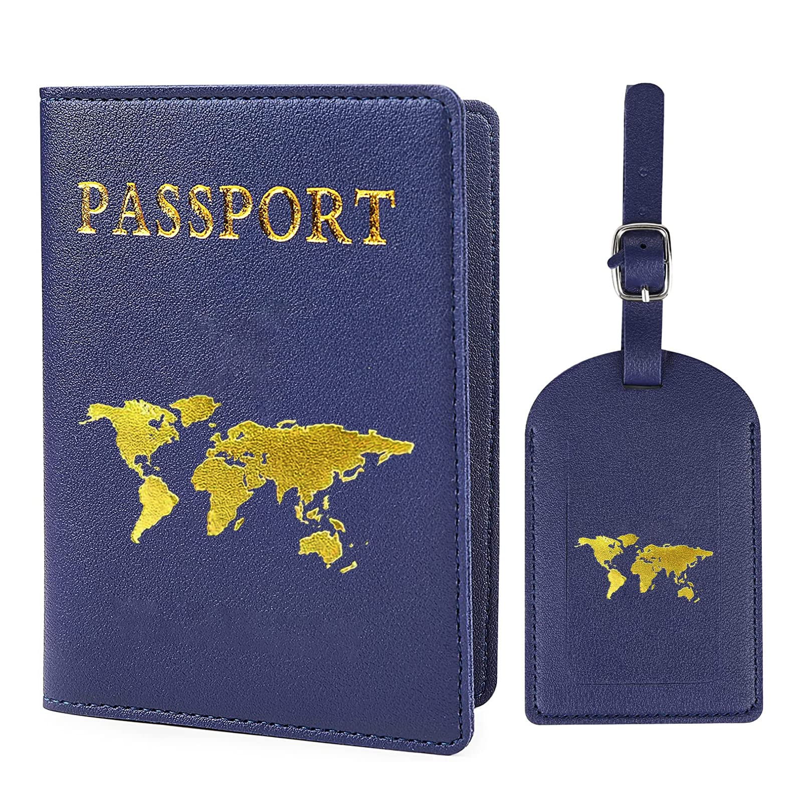 AZWOOD Passport Cover and Luggage Tag Set, 1 x Passport Protective Cover + 1 x Suitcase Tag, Faux Leather Passport Cover for Credit Cards, ID and Travel Documents (Blue)