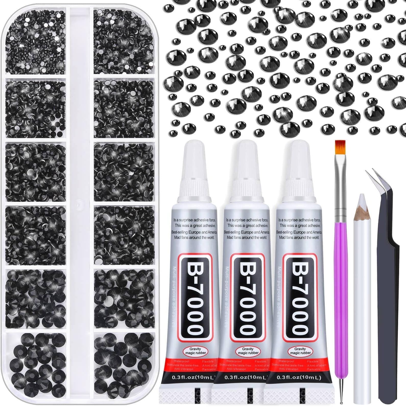 Audab B7000 Jewelry Glue with Rhinestones for Crafts, 2100Pcs Black Rhinestones Flat Back Nail Gems with Pick Up Tweezer Clear Fabric Glue for Clothes Shoes Jewelry Making