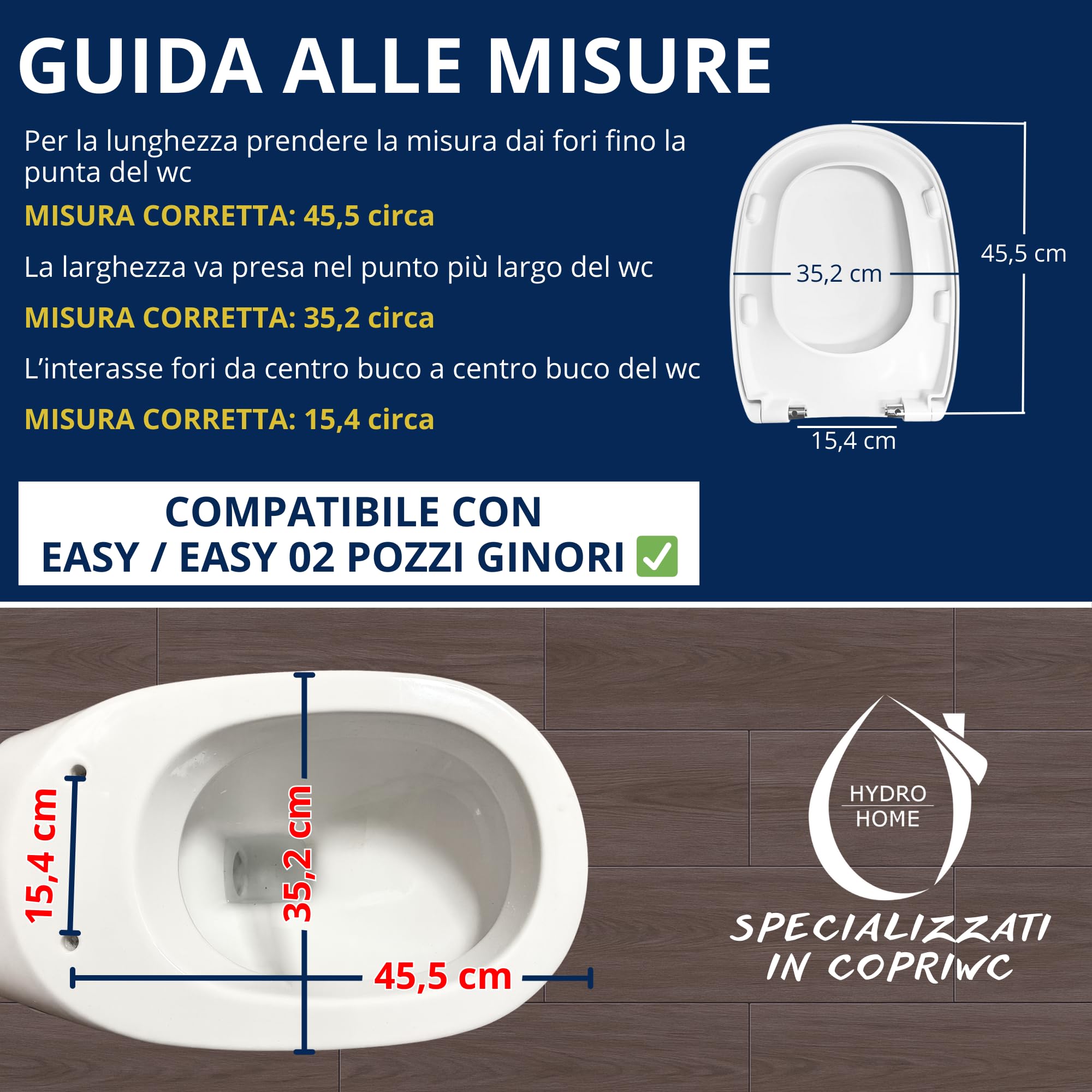 HYDRO HOME Tapa WC Pozzi Ginori Easy y Easy 02 como la original, asiento de inodoro en material termoestable, tapa de váter con bisagras de fijación superior, MADE IN ITALY (CIERRE AMORTIGUADO)