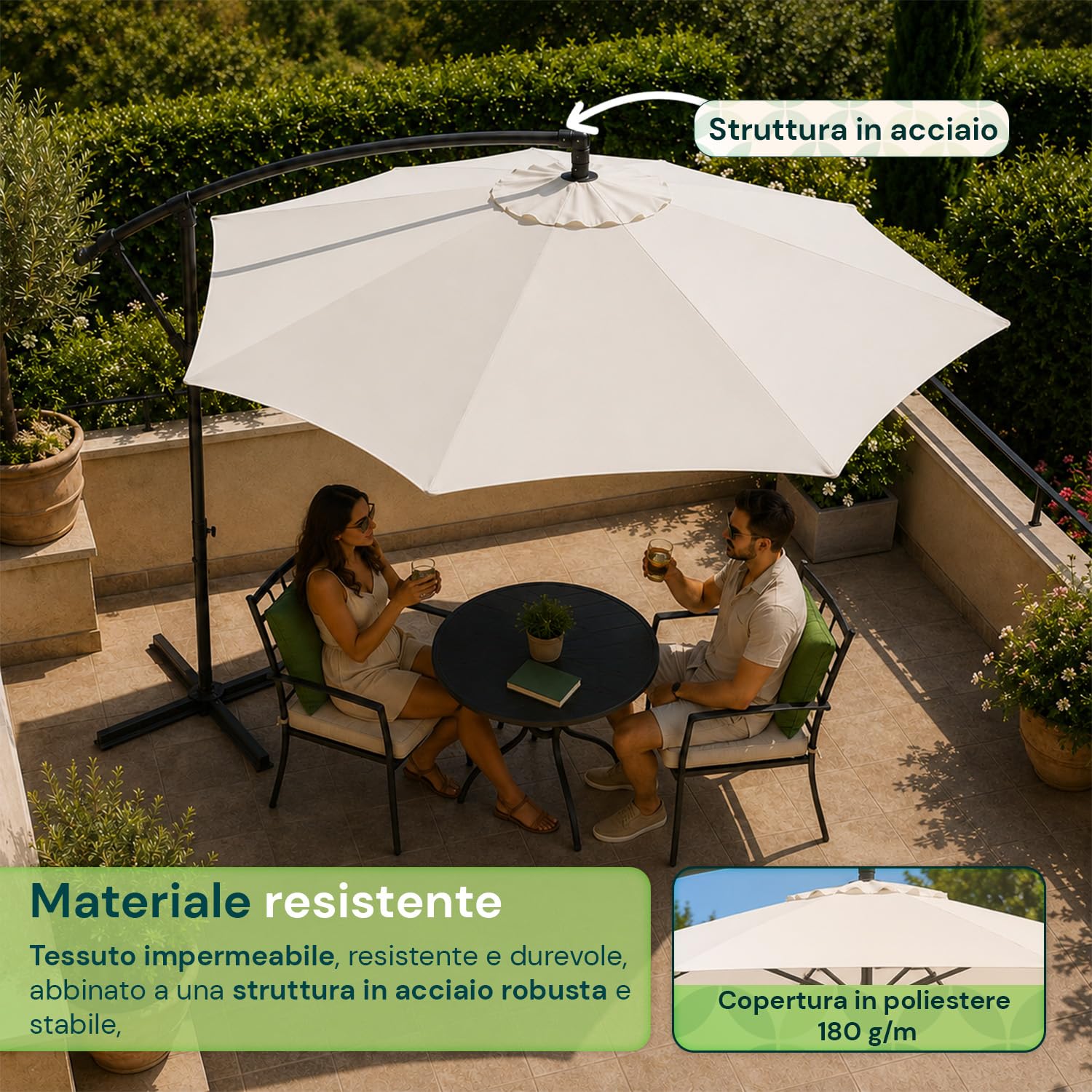 Avilia - Ombrellone da Giardino 300 cm Altezza 2,5 m con Braccio Decentrato, Tessuto Impermeabile e Anti Raggi UV, Apertura a Manovella, Design Moderno per Arredo Giardino per Esterno