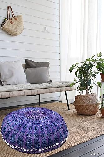 Miniatura 5 de Funda para cojín de mandala, estilo decorativo hippie, bohemio, puf otomano, indio, con pompones, fundas de almohada