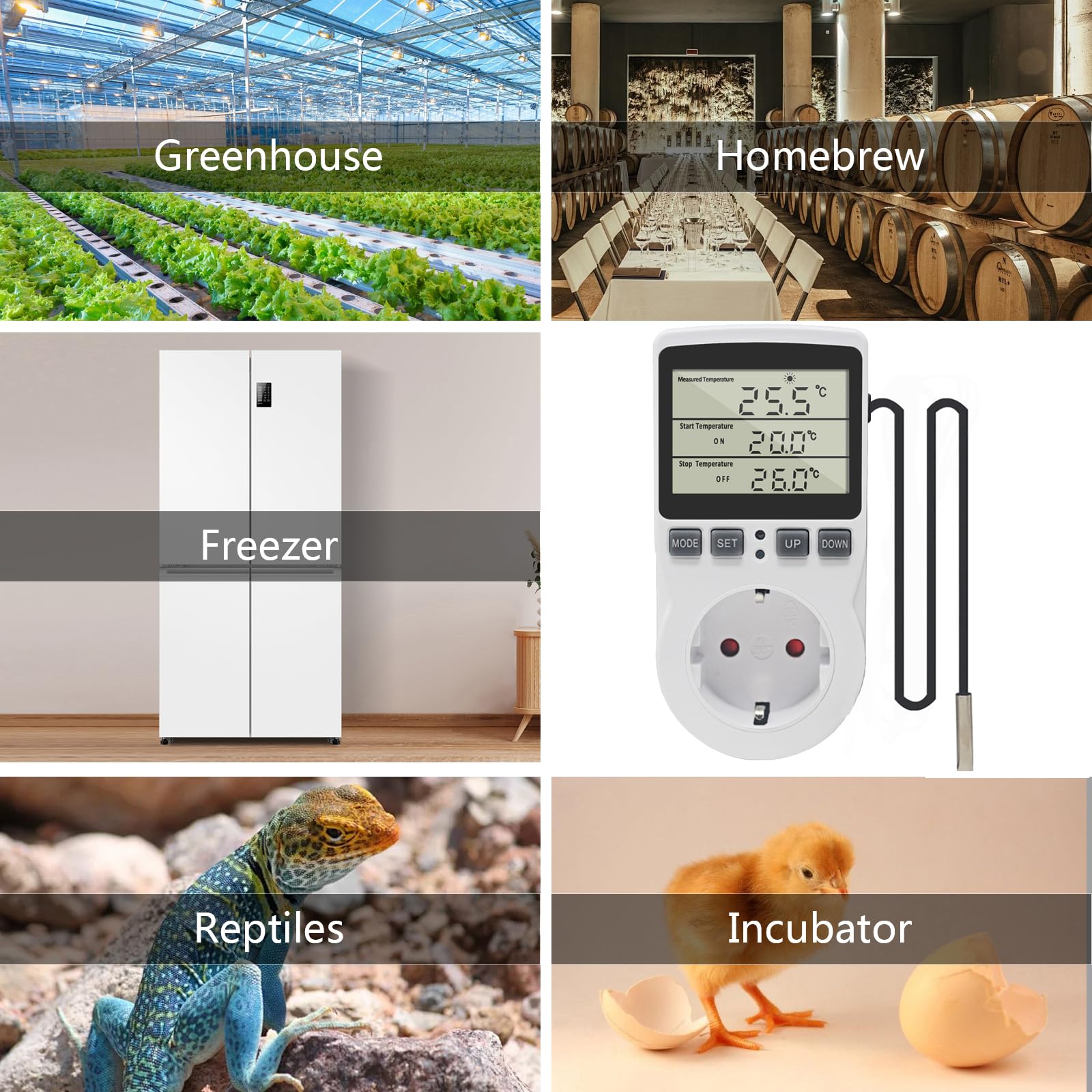 KETOTEK Presa Termostato Regolatore di Temperatura Digitale 220V Riscaldamento Raffreddamento con Sonda, LCD Presa Regolatore di Temperatura per Frigo Incubatore Serre Ventilatore
