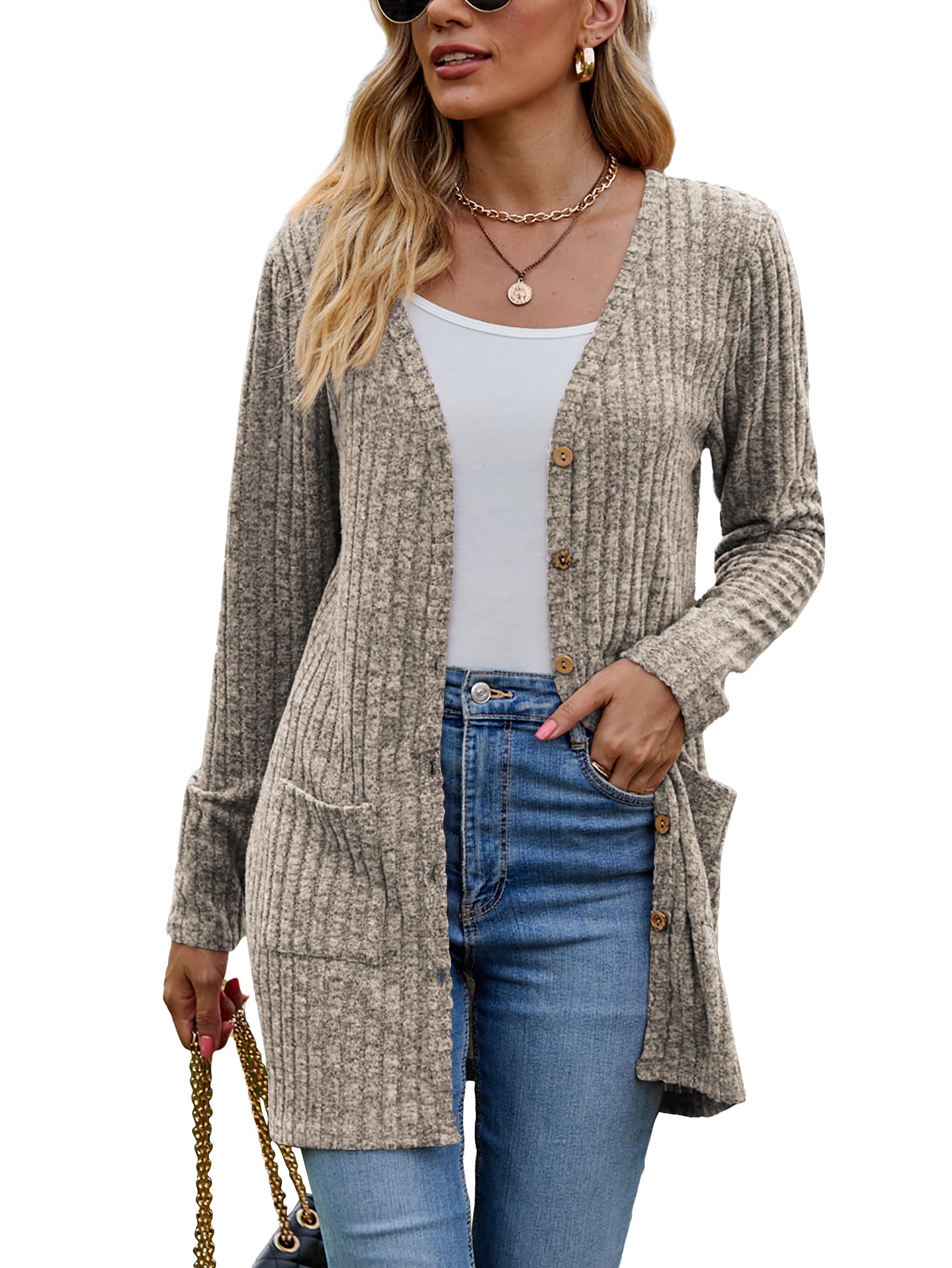 Famulily Frauen Langarm Open Front Cardigans, Button Down V Neck Leichte Outwear Pullover mit Taschen