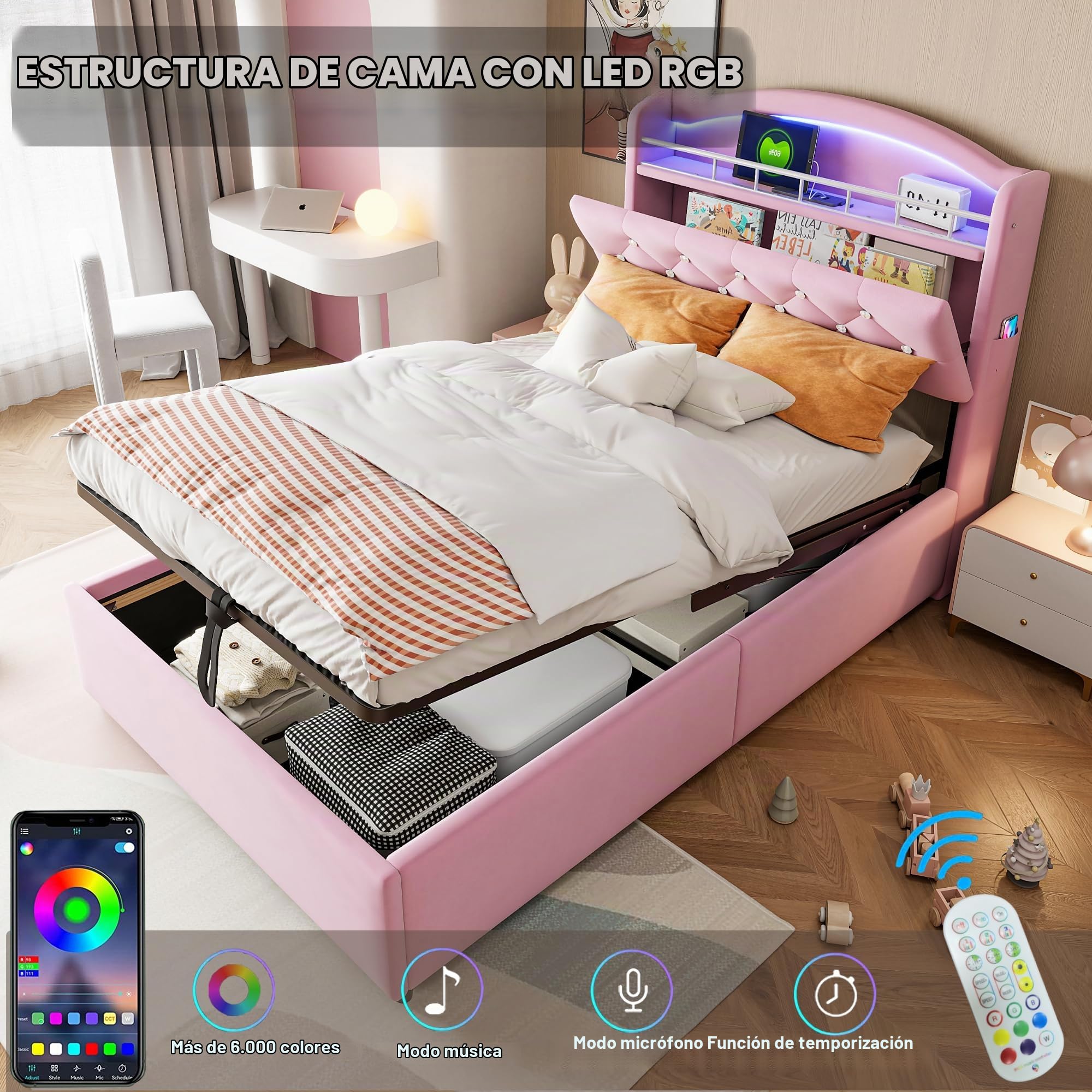 Cama 90x200 cm Camas Infantiles con USB y Cabecero de Almacenamiento, Cama Tapizada Cama Individual con LED y Almacenaje Hidráulico, Camas Individuales Juveniles, Terciopelo, Sin Colchón, Rosa