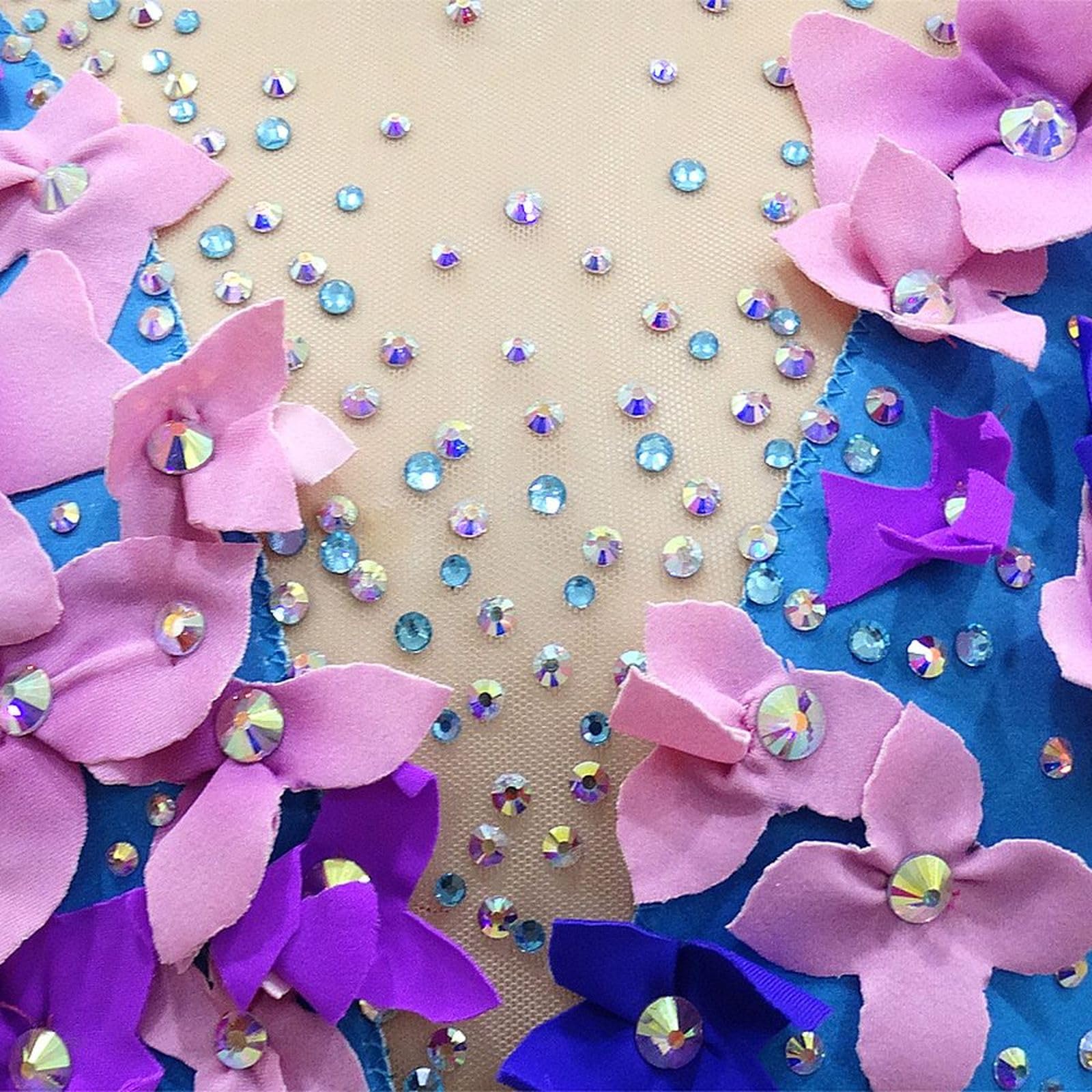 LIUHUO Maillot de gimnasia rítmica tridimensional con flores artificiales para rendimiento y competición