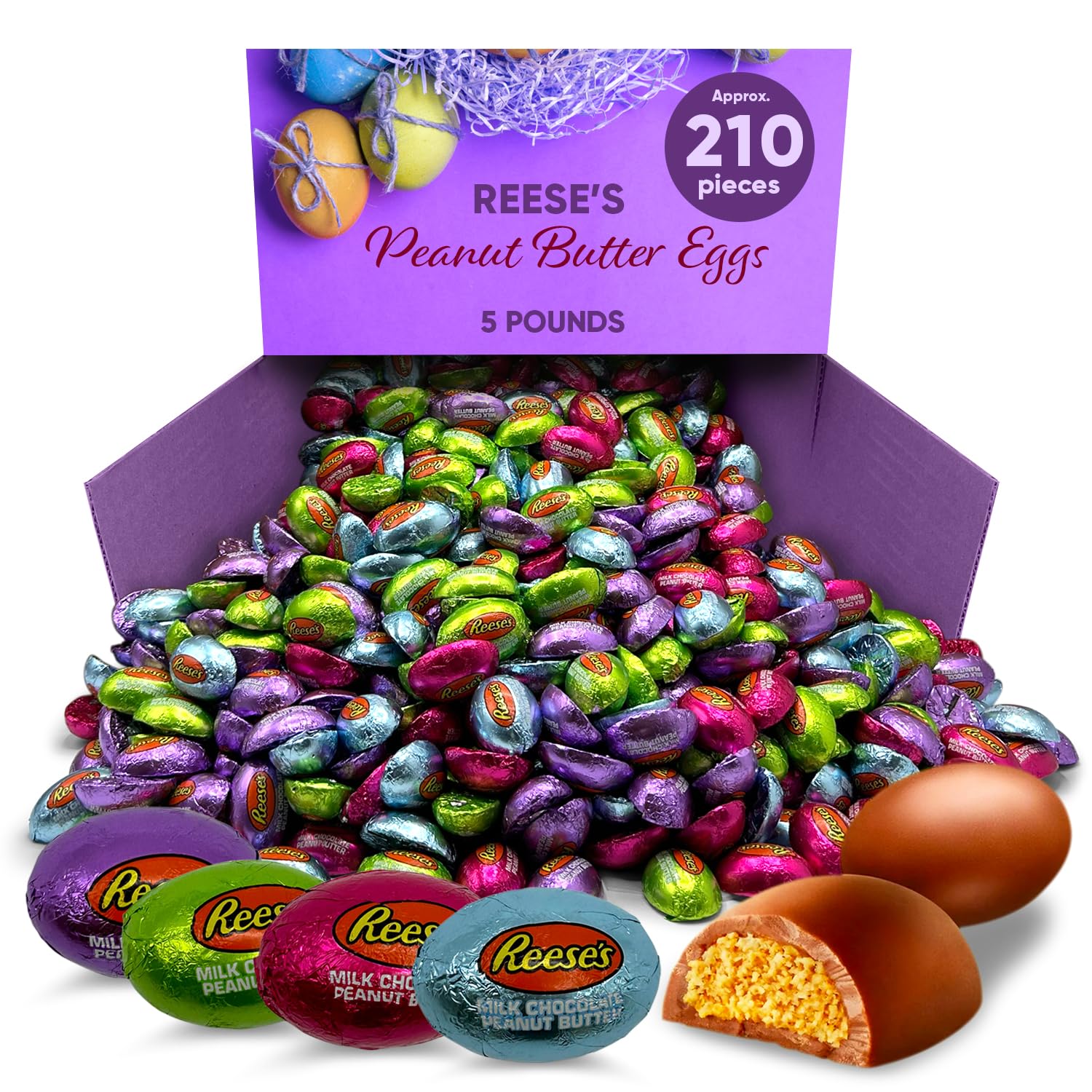 Reeces Peanut Butter Eggs In Pastel Color Foil Wrapped 5 Pound (80oz) - Individually Wrapped Chocolate Easter Candy Egg In Color Pastel Foil - Reeces Eggs Peanut Butter Creme Center Coated In Smooth Milk - Reeces Blue , Pink, Green & Purple Foil Wrapped With Smooth Milk Chocolate and Peanut Butter Creme Center - Ideal Easter Basket Stuffers Easter Basket and Easter Treats Easter Candy Eggs Easter Snacks