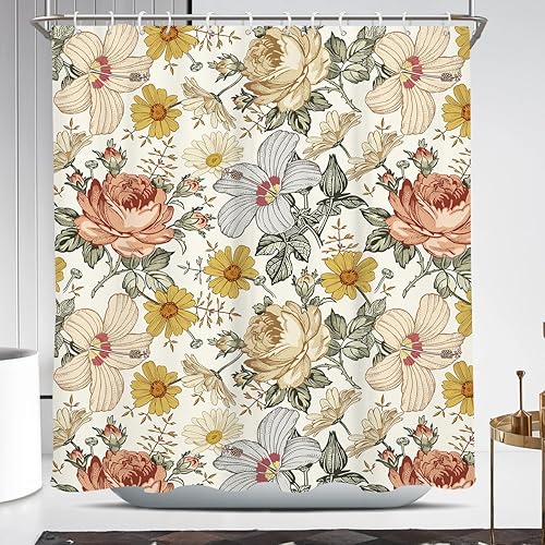 Coxila Cortina de ducha floral amarilla, diseño vintage, acuarela, bohemio, flores oscuras, peonías coloridas, estampado pálido, 72 x 72 pulgadas,