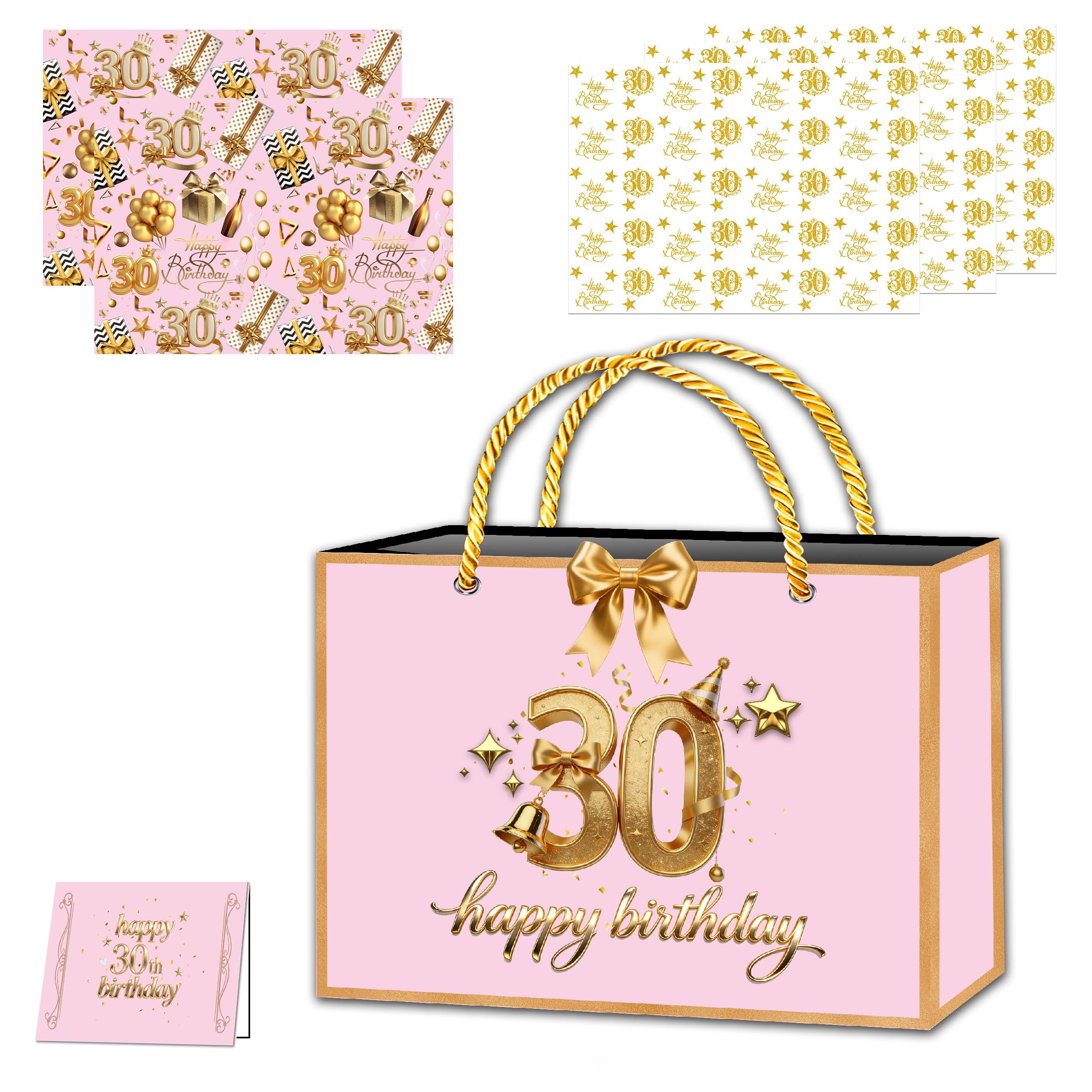 Rose Gold 30th Birthday Gift Bag with Handles, 30th Birthday Gift Bag 30thBirtday Wrapping Paper,Tissue Paper,Ribbon and Birthday Card for Girls Women Birthday-Gifts Wrapping