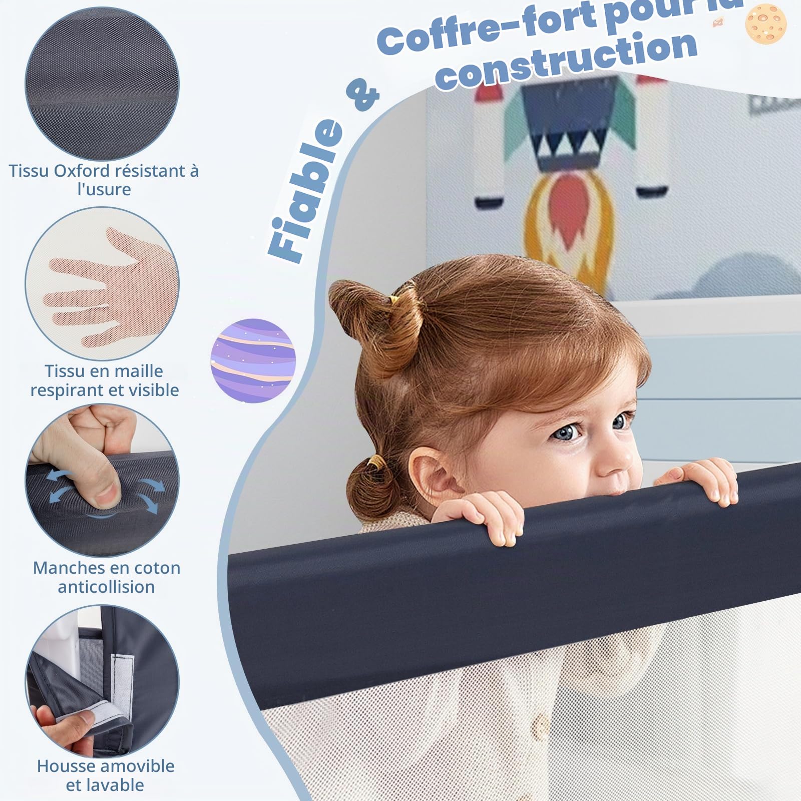 LIFEZEAL Barrière de Lit Pliable, Barriere de Securite Enfant Lit en Tissu Oxford et en PP,120x42,5 CM, Protection Chute Bébé (Gris, 120 * 42,5 CM)
