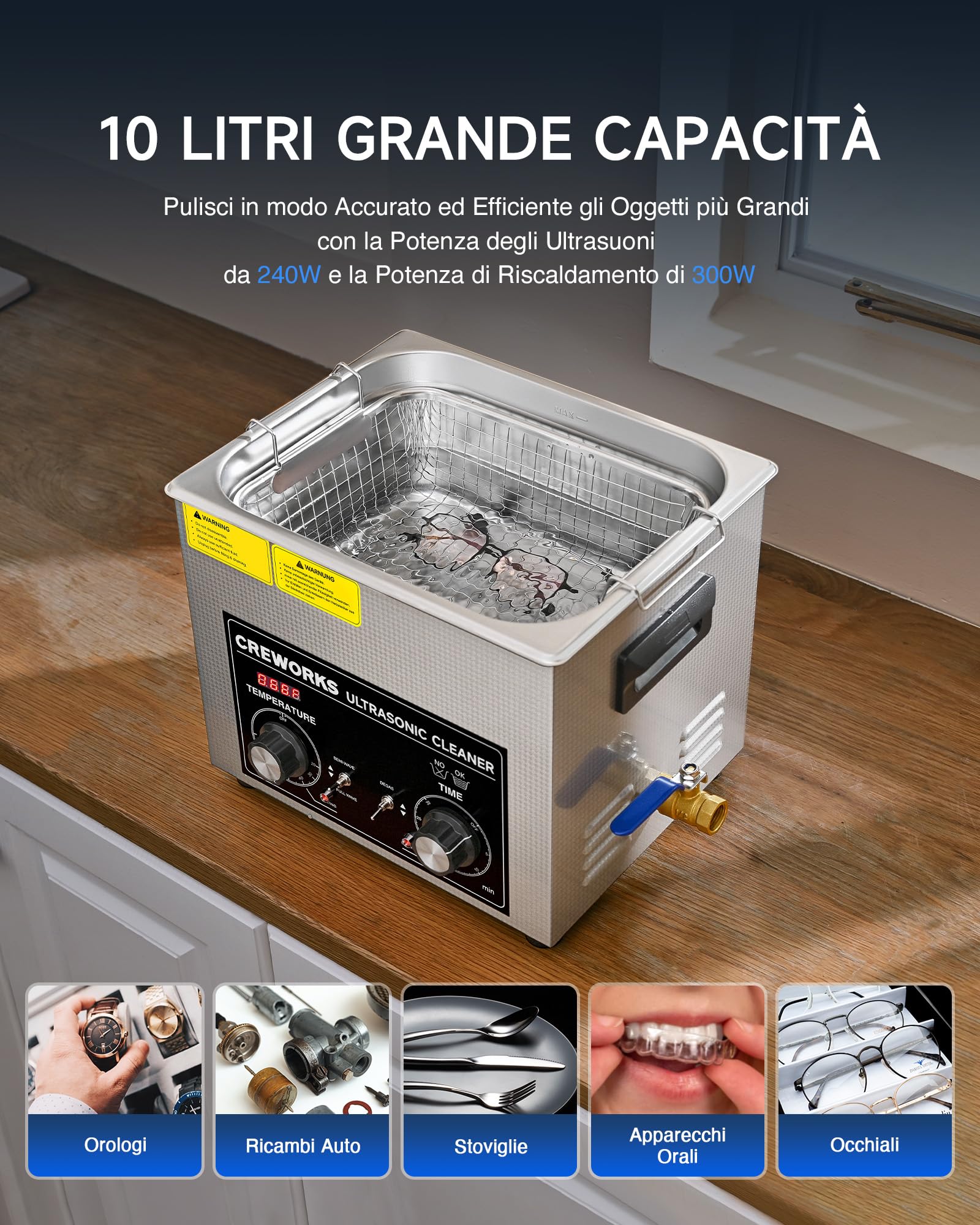 CREWORKS 10L Pulitore Ultrasuoni con 300W Riscaldatore e Timer 240W Vasca Ultrasuoni in Acciaio Inossidabile con Modalità Degas e Delicata Lavatrice Ultrasuoni per Laboratorio Utensili e Ricambi Auto