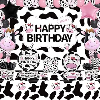 220 Pack Cow Print Party Supplies Cow Birthday Party Decorations Farm Barn Pink Cow Theme Party Tableware Set - Cow Print Plates, Cups, Napkins, Tablecloth, Cow Party Backdrop, Foil Balloons Serves 20