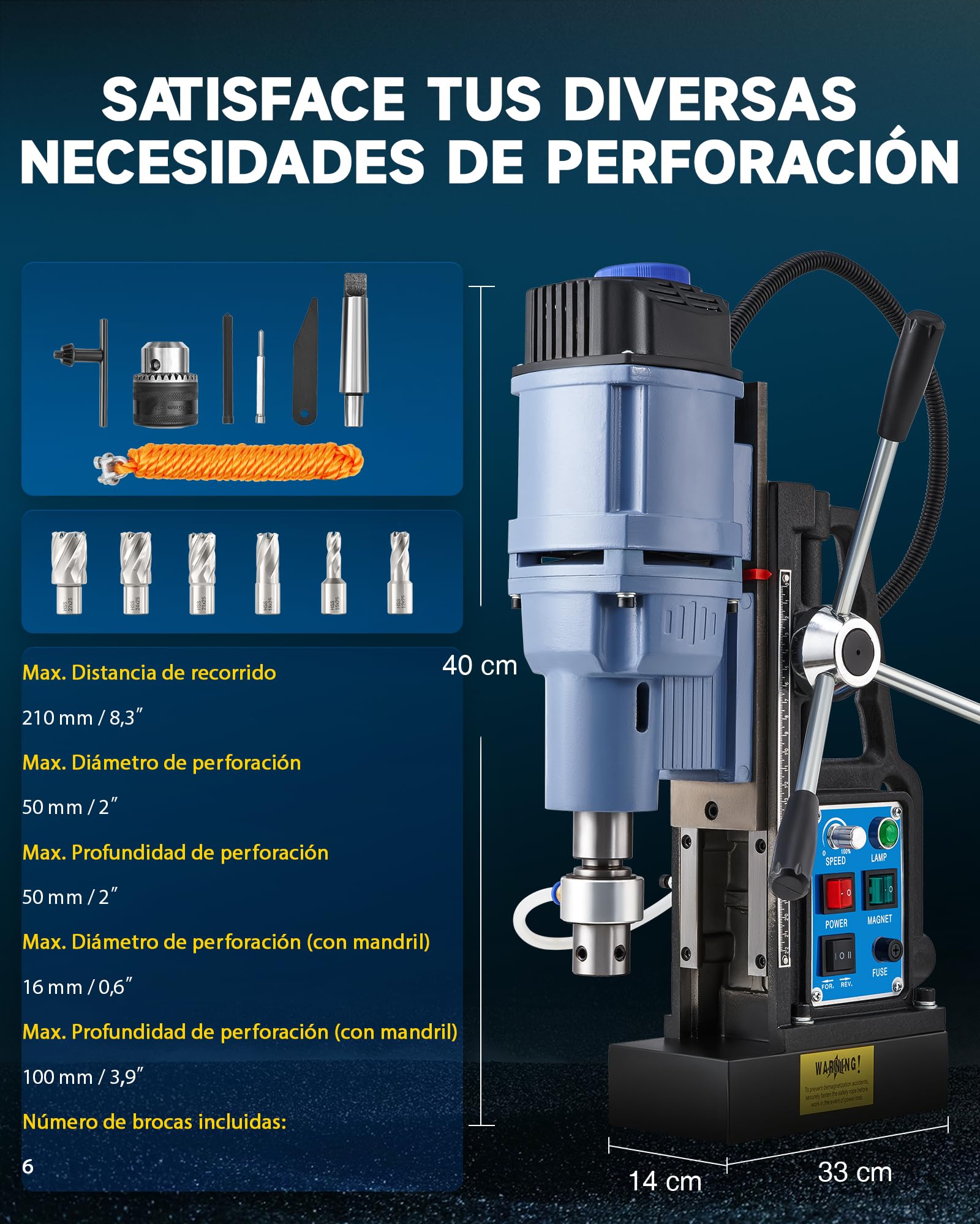 ZELCAN Taladro Magnético Profesional 1950W | 6 Brocas, Fuerza de 13900N, Diámetro Máx. 50 mm, 650 rpm, Control de Velocidad Continua y Reversa para Superficies Metálicas