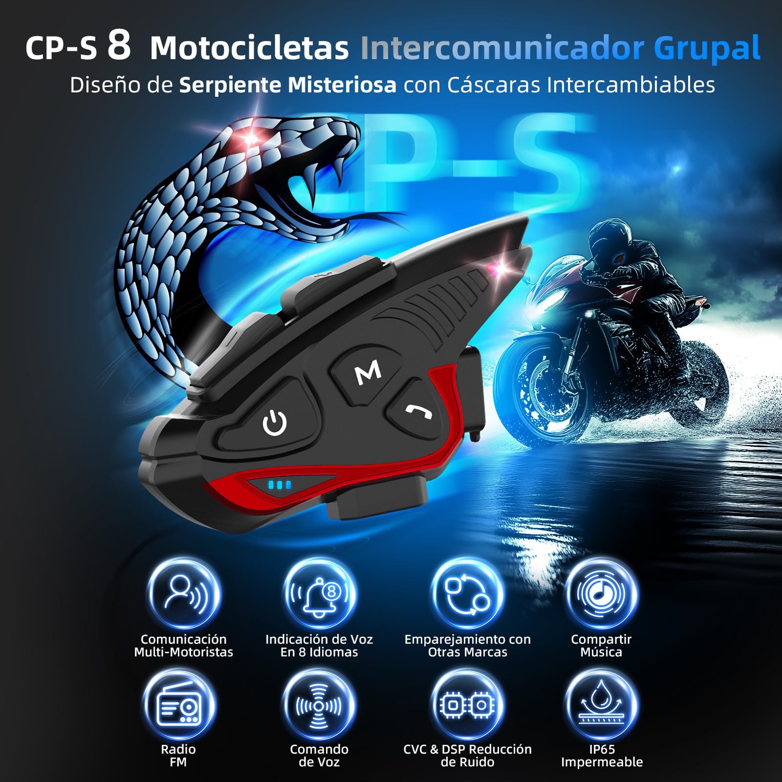 Moman Intercomunicador Casco Moto, CP-S Auriculares Manos Libres Moto 2000M Sistema de Comunicación para 8 Motociclistas con Cancelación de Ruido/FM/Compartir Música/Impermeabilidad, Individual