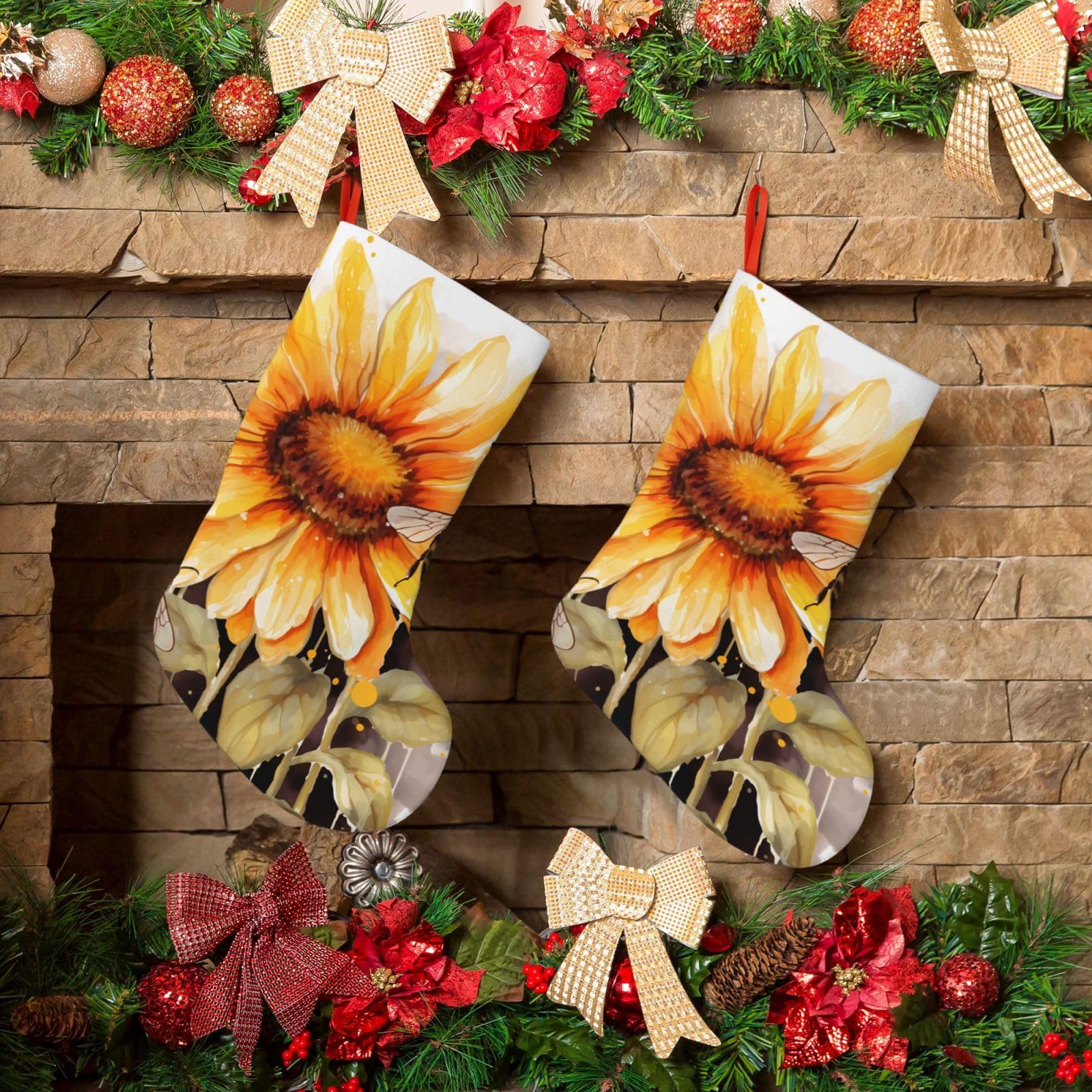 Blackboard Bees Sunflowers Christmas Stockings 18 Inches Velvet Xmas Fireplace Hanging Stocking Rustic Christmas Santa Stockings for Home Christmas Decorations Party Favor Supplies