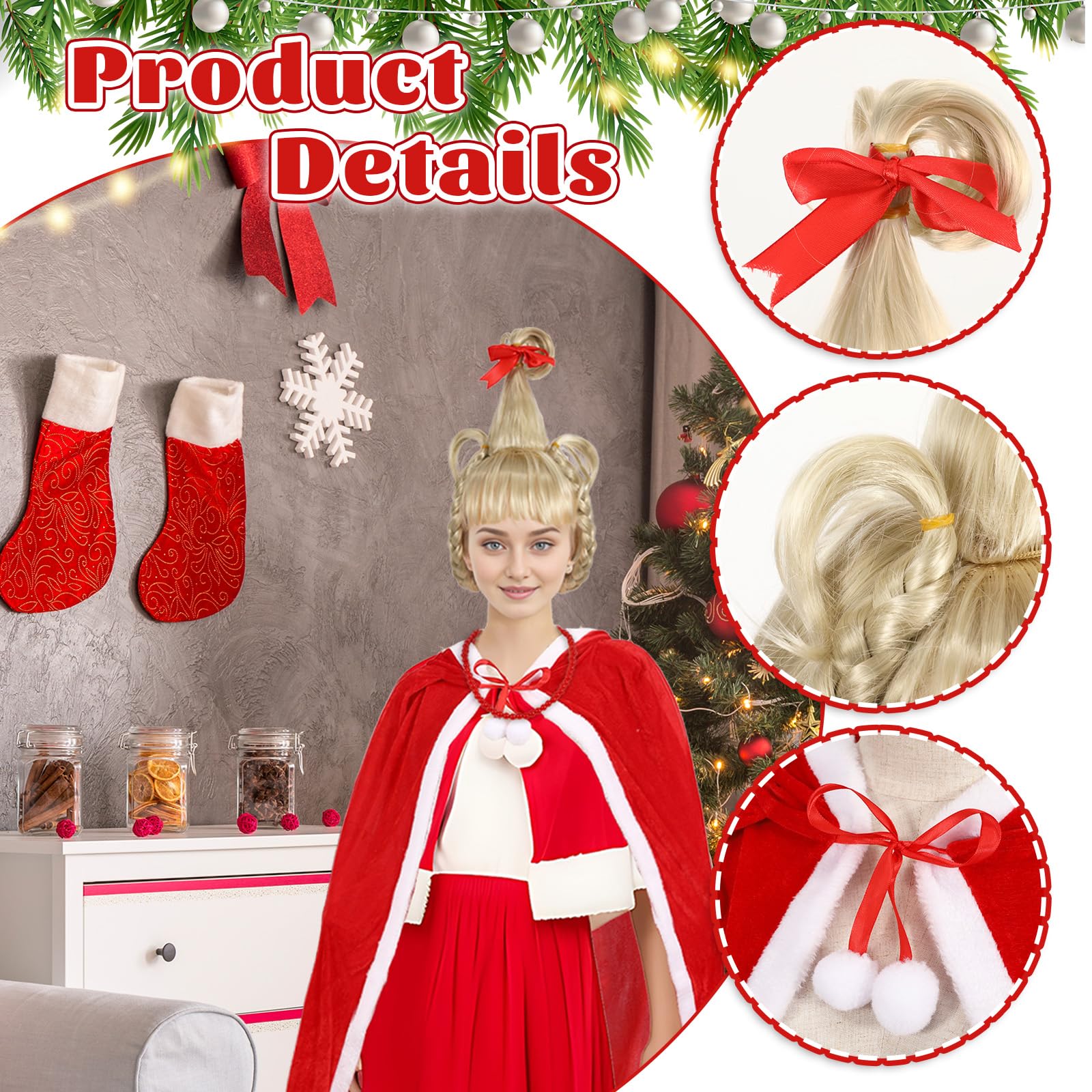 Makoike Cindy Lou Who Costume 4Pcs Christmas Red Hooded Robe Cloak Wig Necklace Bow Halloween Costumes Adults Kids (Adults) - Image 3