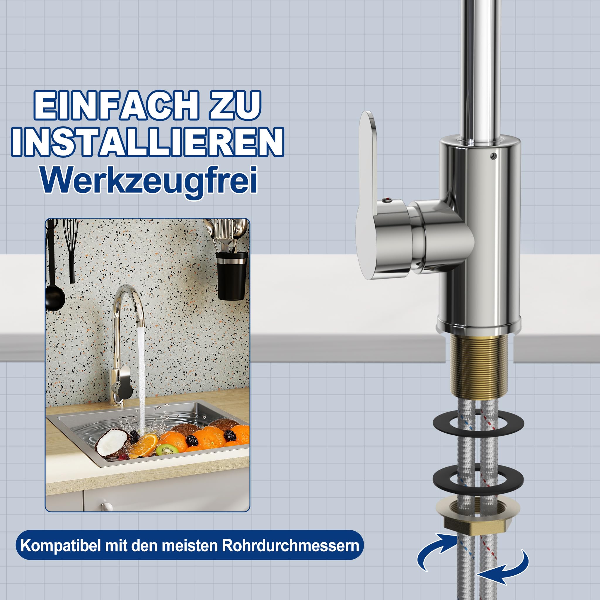 LZQ Wasserhahn Küche 360° drehbar, Armatur Küche aus Zinklegierung und Edelstahl, Hochdruck Mischbatterie für Spüle, Waschtischarmatur Bad, Küchenarmatur Wasserhahn Kompatibel
