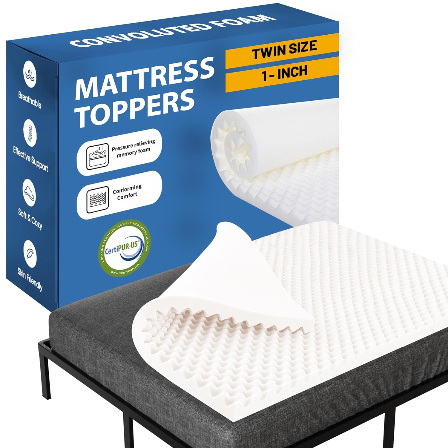 Greaton, 1-Inch Convoluted High Density Foam Mattress Topper, CertiPUR-US Certified for Superior Comfort and Support, Twin, White 1-inch Convoluted Twin