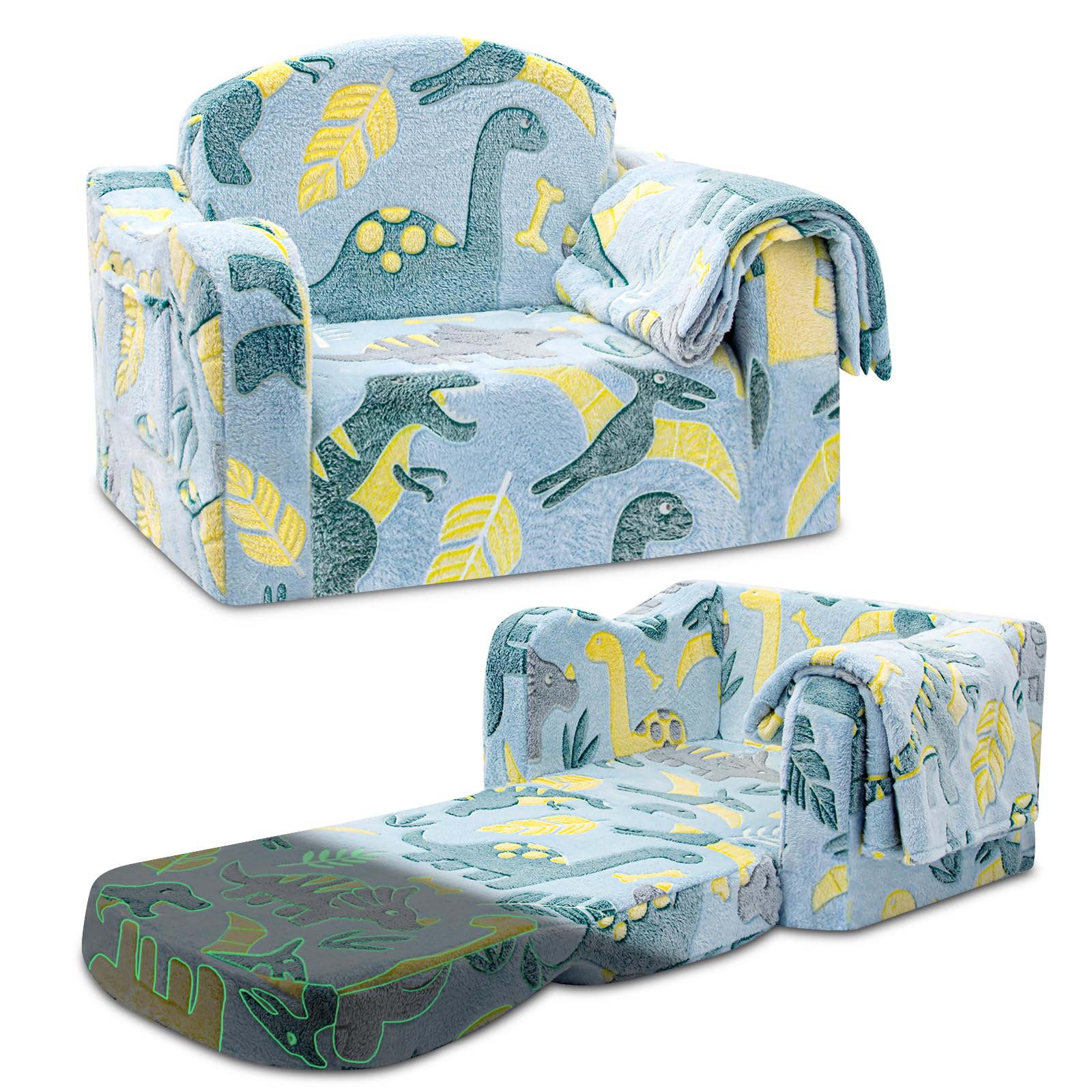 Airpanda Comfy Toddler Chair and Couch for Kids with Blanket,2-in-1 Soft Plush Fold Out Toddler Couch for Girls and Boys,Convertible Sofa to Lounger