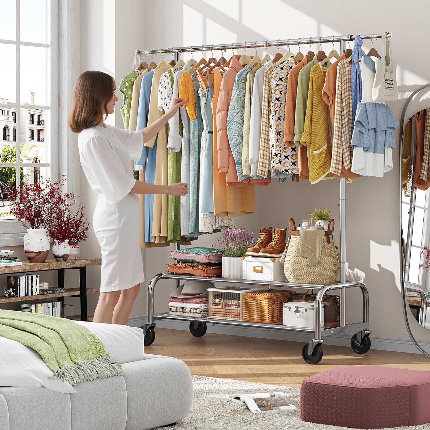 Simple Trending Heavy Duty Clothes Rack, Garment Rack with Extendable Side Rods & Bottom Shelves, 25mm Metal Clothing Rack with Wheels, Bedroom, Laundry Room, Silver