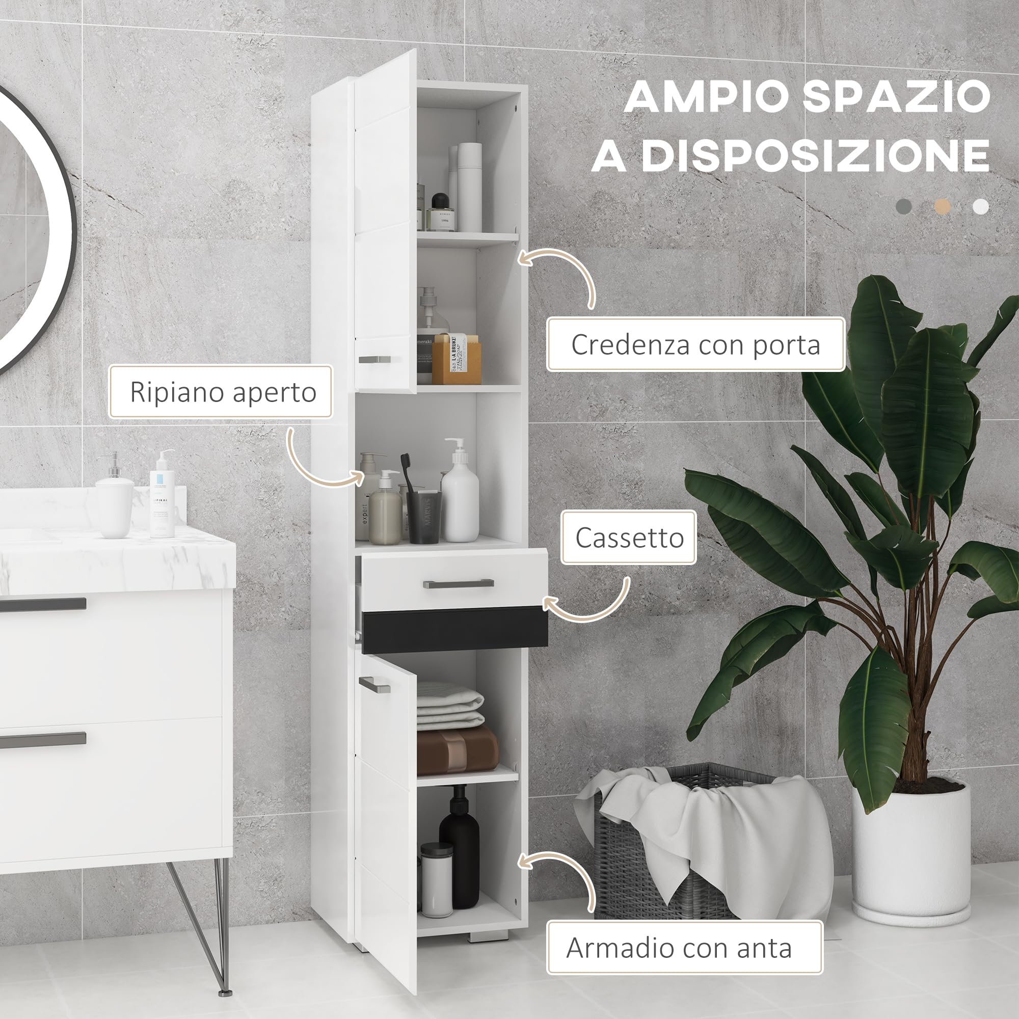 kleankin Colonna Bagno Salvaspzio in MDF, 37x32.5x170 cm Bianco Lucido | Mobile da Bagno, Ripiano Aperto, Cassetto, Armadietto Chiuso