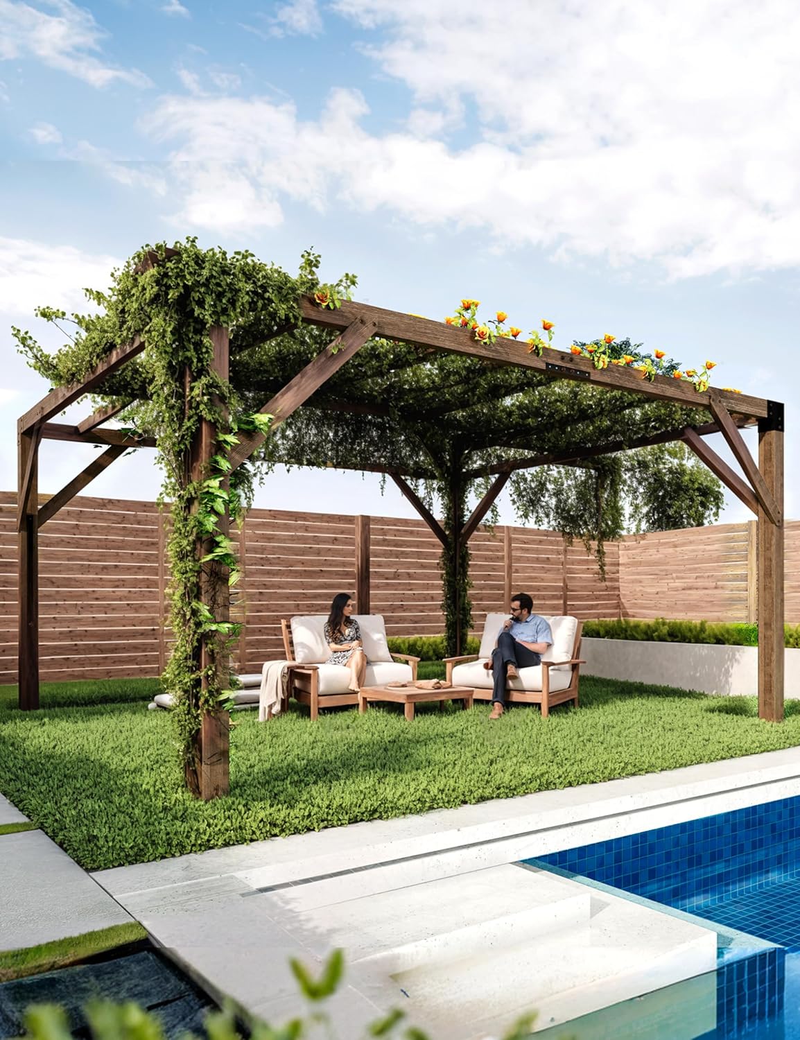 12 Ft x 14 Ft x 7.5 Ft Cedar Pergola Outdoor Wood Pergola with Canopy, Solid Structure Shelter for Deck, Garden, Backyard, and Lawn (Reddish-Brown) Reddish-Brown 12X14 Ft - 6 Boxs