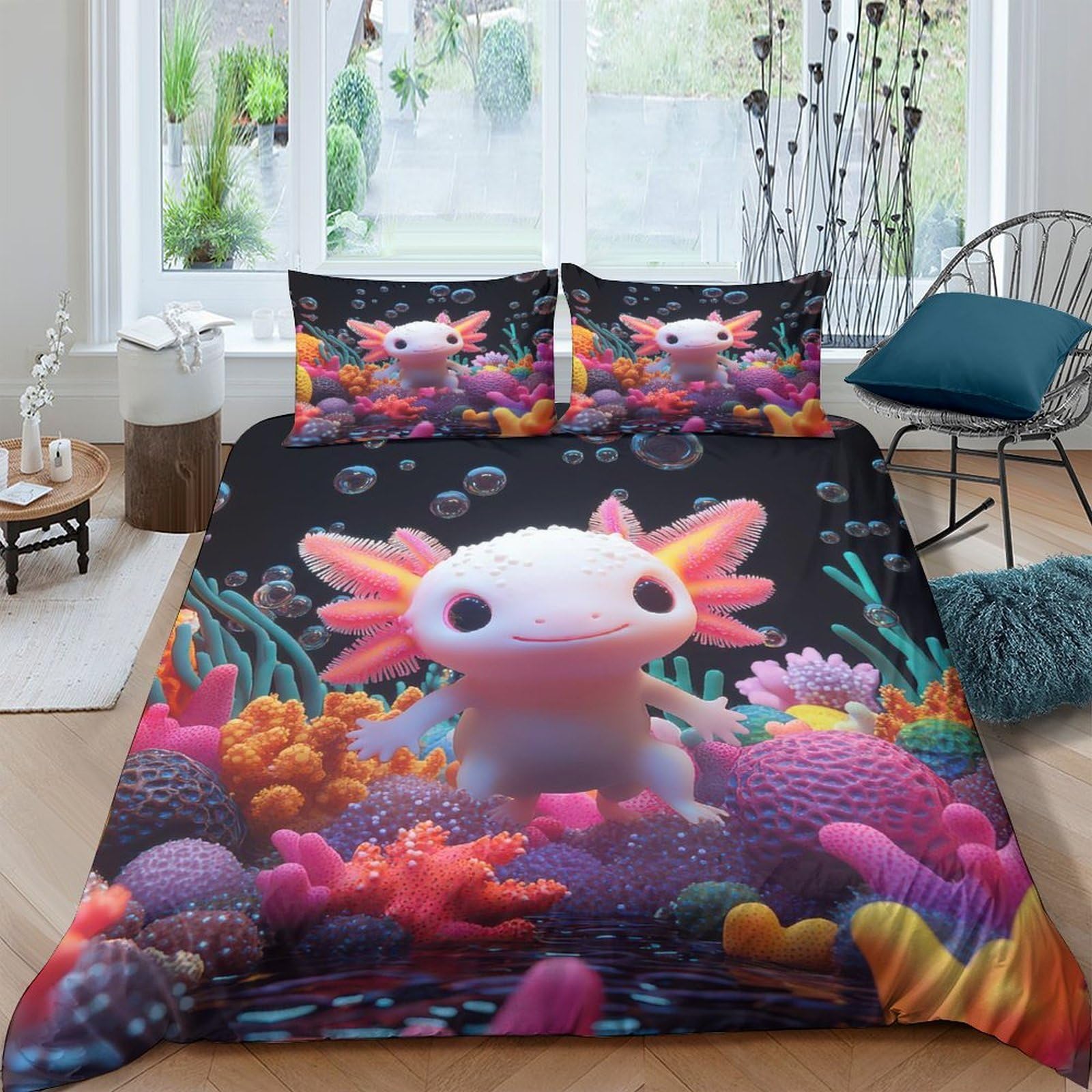 Ctjqhvkz Style-2 3D Printed Cute Axolotl Fitted Sheet Microfiber Coral Reef Bed Cover Anti-Slip Machine Washable For Bedroom Dorm Decor Single（135X200cm）