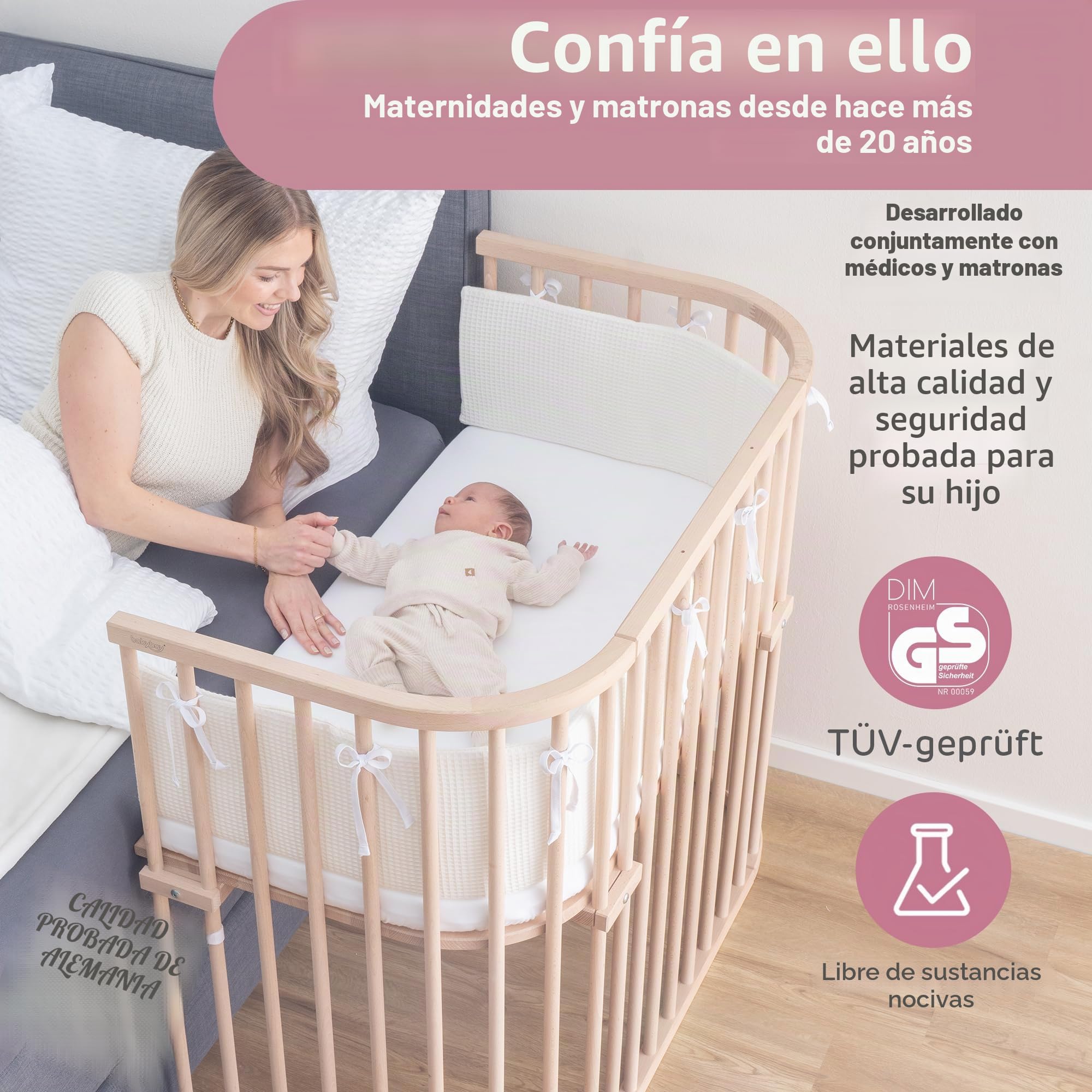 babybay Boxspring XXL - Cuna auxiliar de madera de haya maciza/cama infantil altura regulable y respetuosa con el medio ambiente/Cuna de bebé creciente (sin tratar)