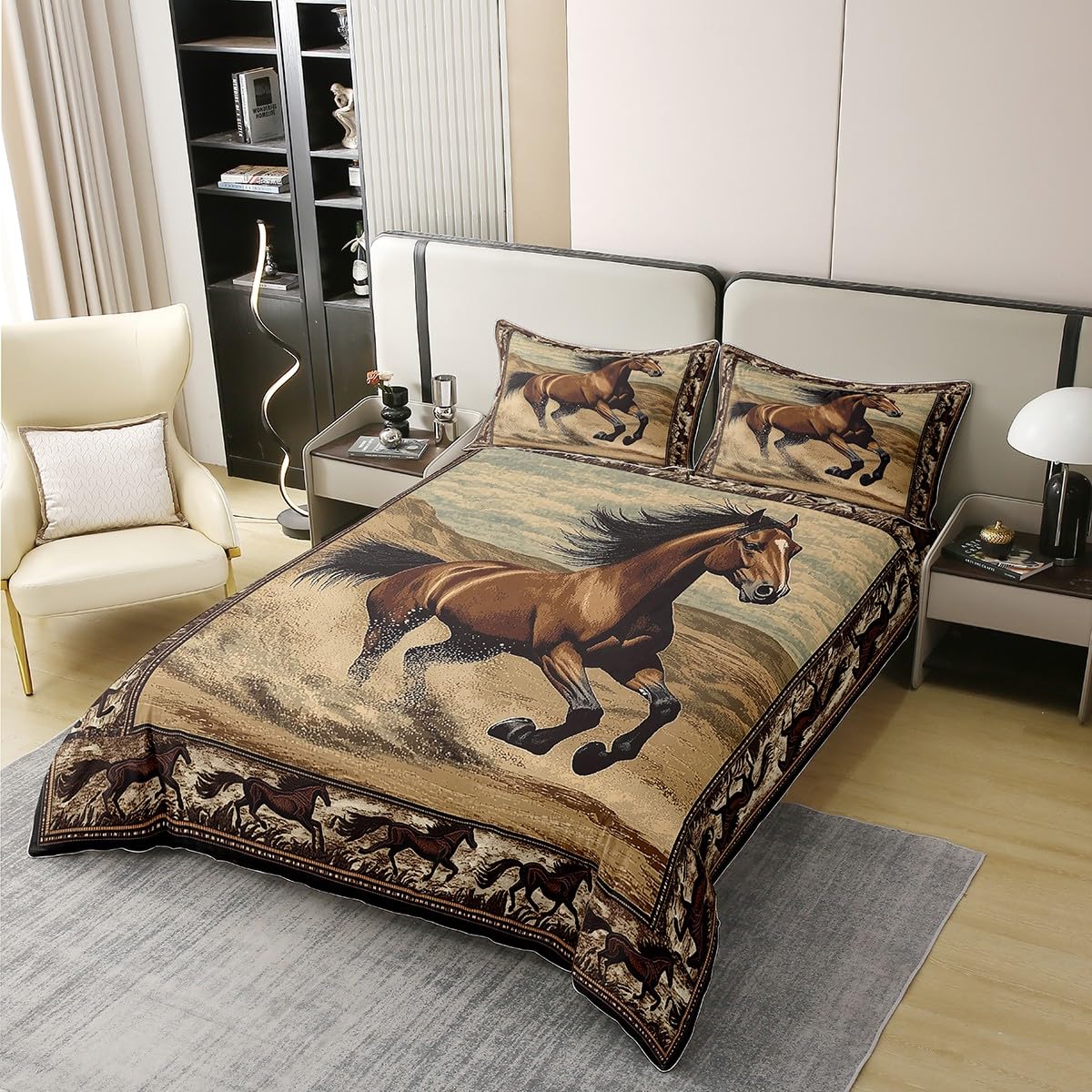 100% Natural Cotton Western Horse Duvet Cover Twin for Kids Boys Teens,Running Horse Animal 2 Pieces Duvet Cover,Tribal Wooden Texture Comforter Cover (Not Comforter),South West Style Quilt Cover