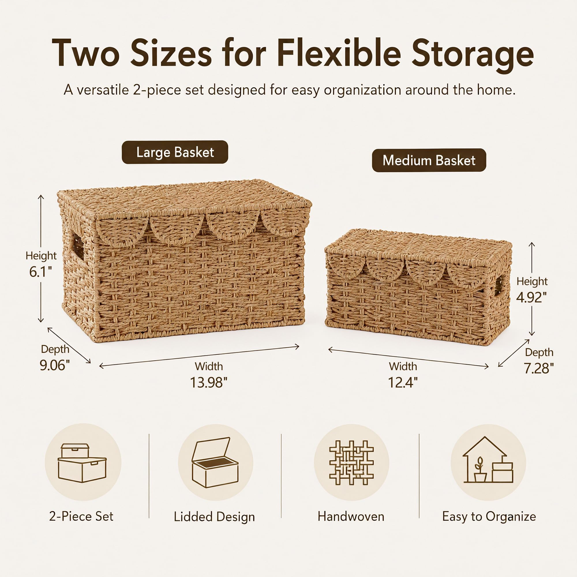 Scalloped Wicker Baskets with Lid - Decorative Storage -4