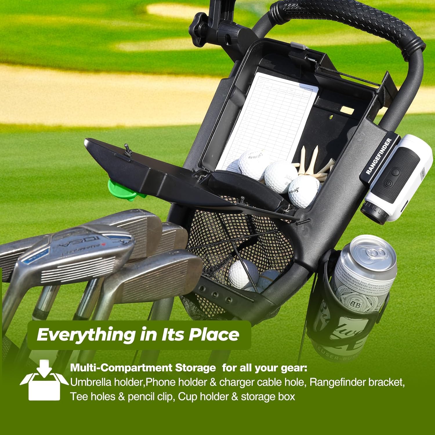 4 Wheel Golf Push Cart: Lightweight Compact Folding Golf Trolley, Pull Behind Manual Golf Caddy with Cup, Phone & Umbrella Holder, Foot Brake - Image 8