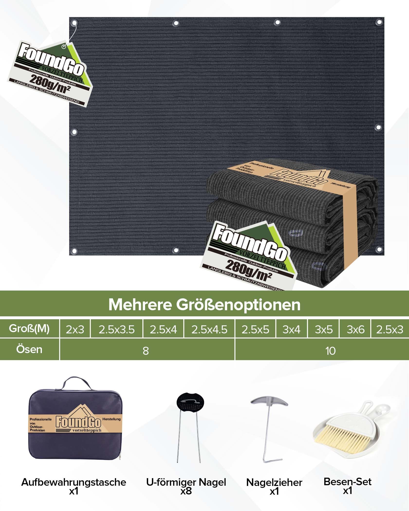 FoundGo Tapis d'auvent de Camping Car avec œillets, 280g/m² HDPE Tapis de Camping，Sol d'auvent extérieur avec Sac de Transport，Clous en Acier et Petit Balai
