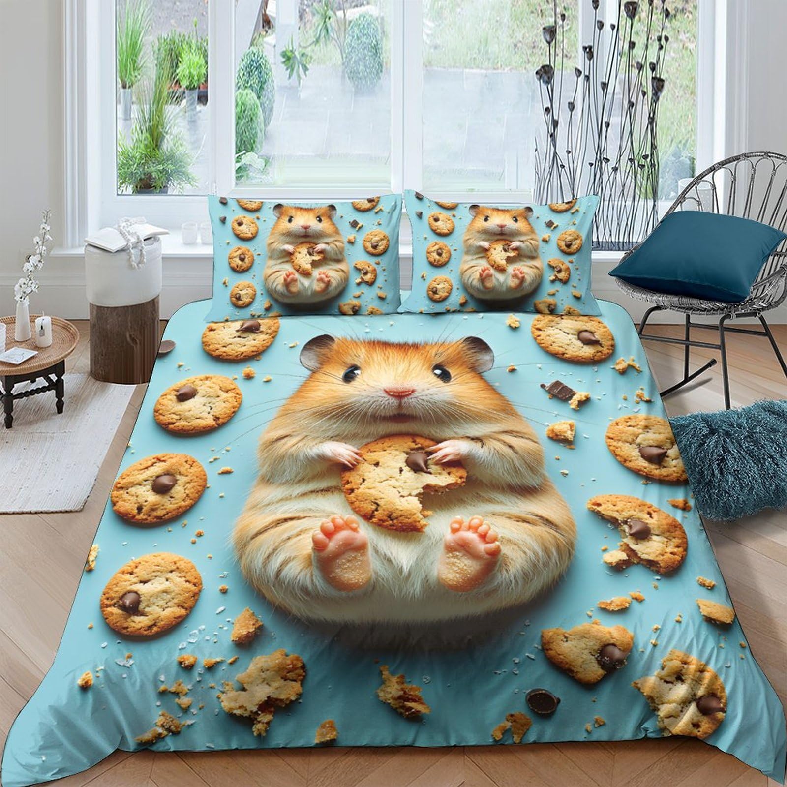 GPLZQXKJNH 3D Printed Cookie Hamster Duvet Cover Microfiber Soft Breathable Snack Animal Bedding Set with 2 Pillowcases for Bedroom Decor Single（135x200cm）
