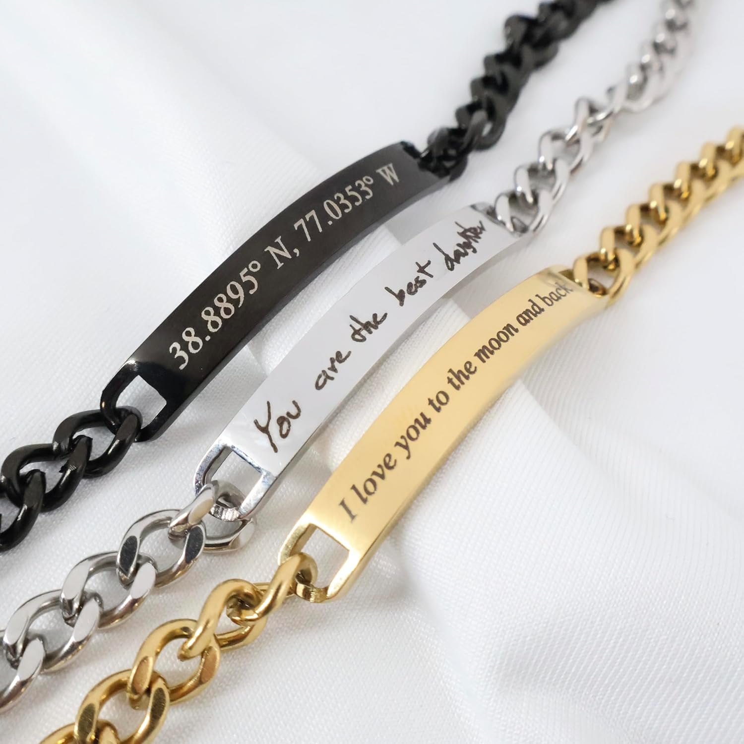 Personalized Engraved Bracelet Custom Handwriting or Typed Text Stainless Steel Curb Chain Bracelet in Gold Silver Black Finish Adjustable Unisex Gift for Her & Him Anniversary Birthday Graduation Mom Dad - Image 2