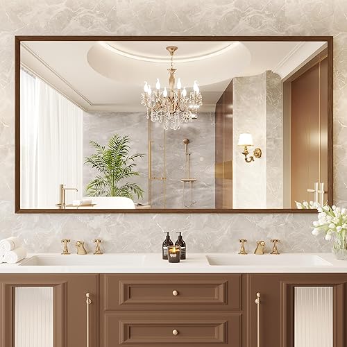 Miniatura 347 de Espejo de baño dorado, 48 x 30 pulgadas, espejo de marco de metal dorado cepillado para pared, espejo rectangular redondeado de tocador de baño