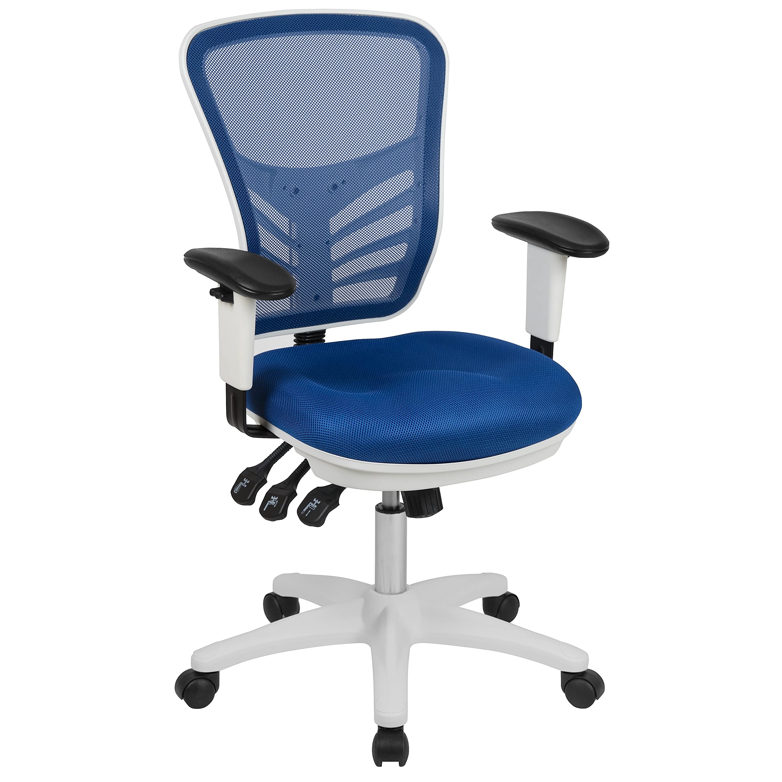 Flash Furniture Nicholas - Silla de Oficina ergonómica giratoria multifunción de Malla Azul con Brazos Ajustables y Marco Blanco