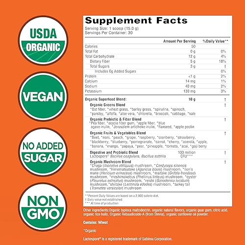 Miniatura 2 de COUNTRY FARMS Super Greens Sabor piña y mango, 50 súper alimentos orgánicos, mezcla de bebida orgánica USDA (pasto de trigo, espirulina, clorella),