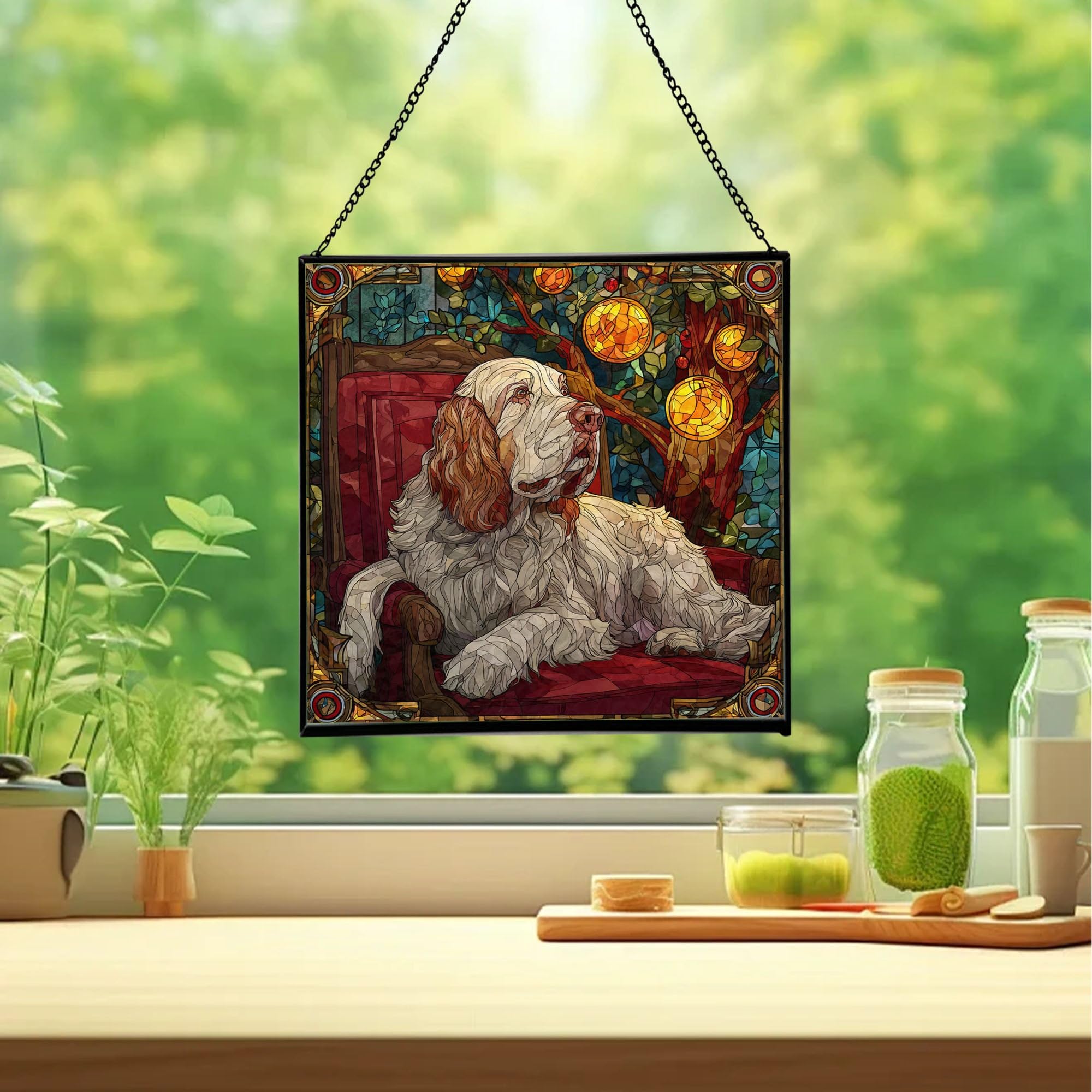 Clumber Spaniel Christmas Stained Glass Suncatcher – Square Hanging Holiday Window Panel with Cozy Fireplace Scene – Winter Glass Art Decoration Gift for Animal Lovers, Pet Owners g97PBg