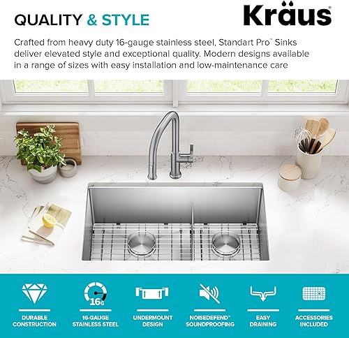 Vista 74 de Kraus Standart PRO KHU104-33 - Fregadero de cocina acero inoxidable de 33 in y 16 g, con doble pila de distribución 60 y 40 para montar bajo encimera