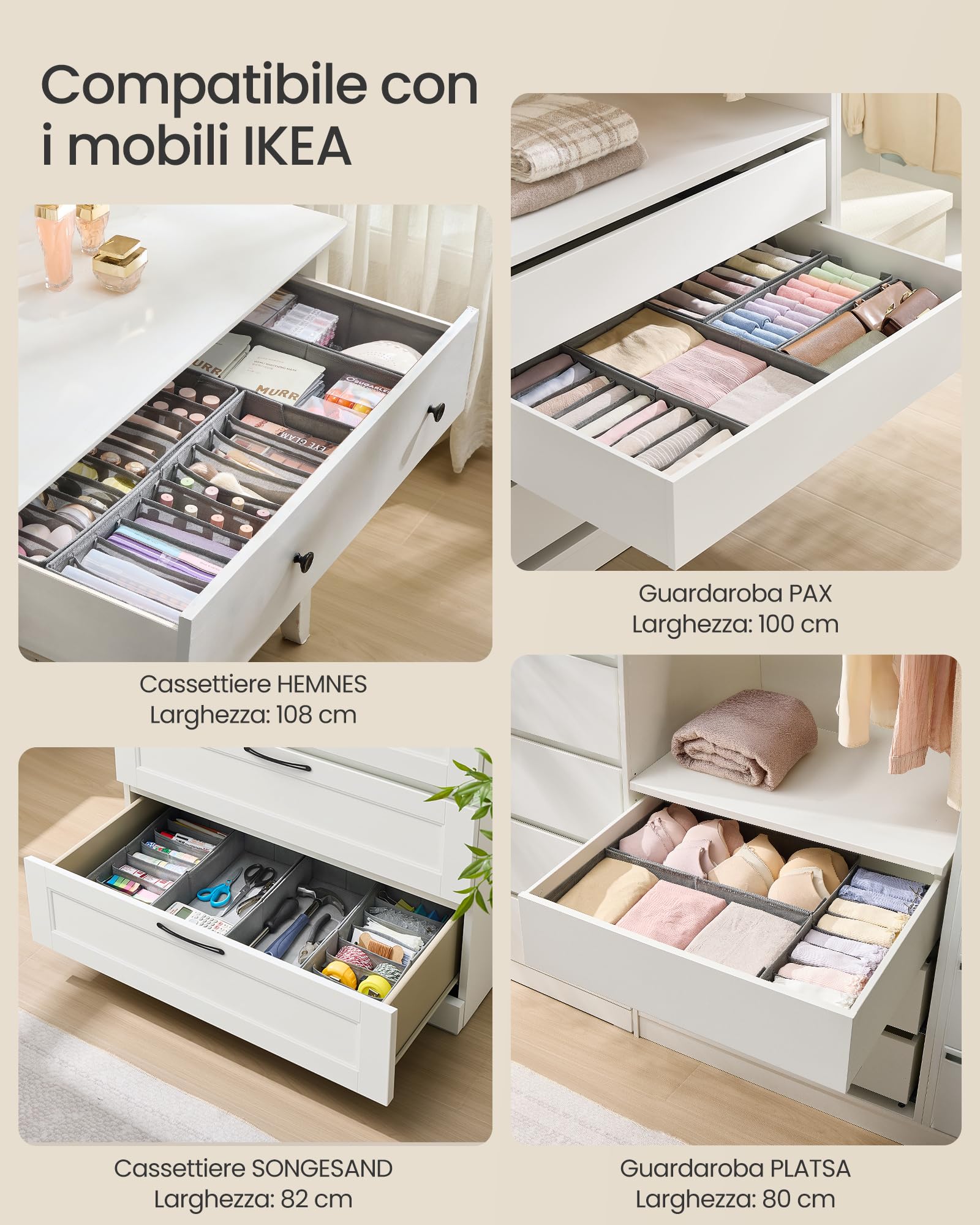 SONGMICS Set di 4 Organizer Cassetti, per Cassettiere HEMNES e MALM di IKEA, con Separatori, Organizzatori per Biancheria Intima Pieghevole, 40 x 16 x 10 cm, Grigio Tortora RUS014G01