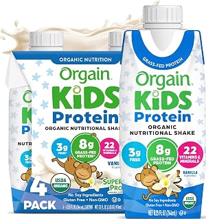 Orgain Organic Kids Dairy 8g Protein Shake, Vanilla, 8.25 oz, 4pk | Nutritional drink, grass-fed protein, 22 vitamins & minerals, 3g fiber, non-GMO, no soy, healthy snack for picky eaters