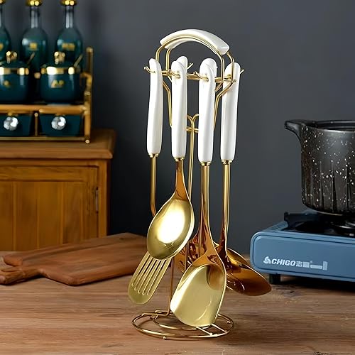 Miniatura 4 de Utensilios de cocina dorados, juego de utensilios de cocina dorados de 7 piezas, juego de herramientas de cocina con soporte para utensilios,