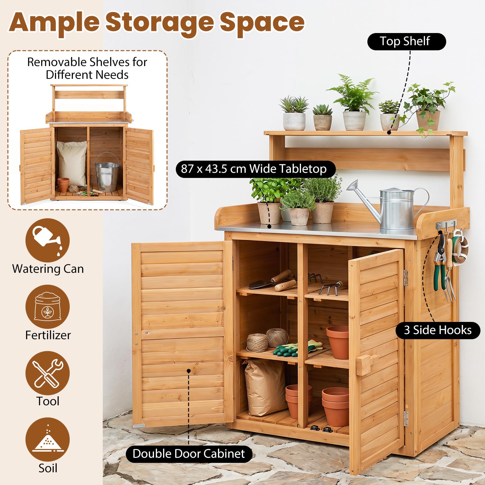 COSTWAY Pflanztisch Holz, wetterfester Gärtnertisch mit Unterschrank | Edelstahl Arbeitsplatte, oberes Regal & 3 Seitenhaken, Geräteschrank für Garten, Balkon & Terrasse, 87 x 45 x 120 cm (Gelb)