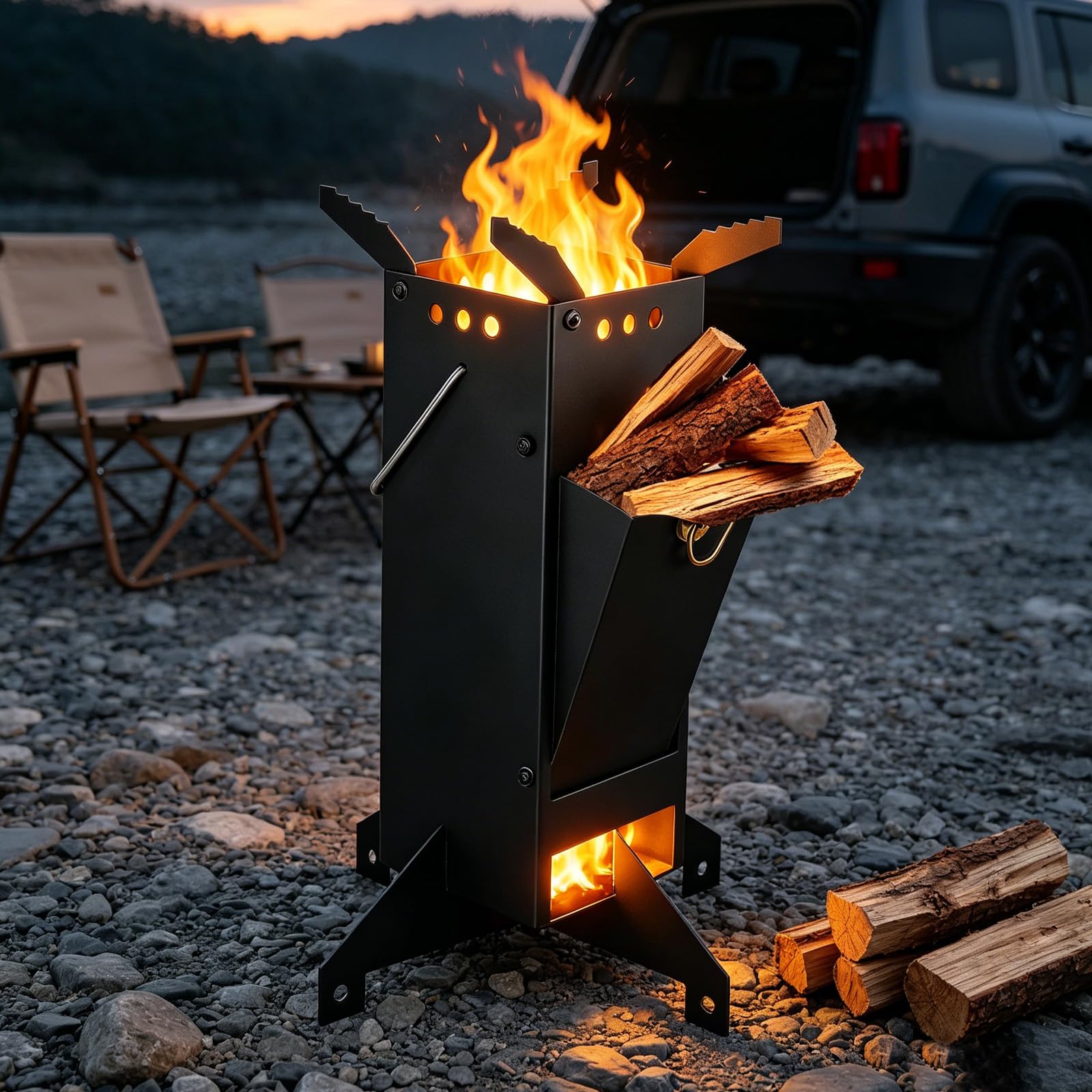 Stufa a razzo per barbecue, forno a legna a razzo, in acciaio pressofuso, con borsa per il trasporto | Stufa a razzo per barbecue, per cucinare, cortile, campeggio, barbecue, eventi all'aperto, barbecue