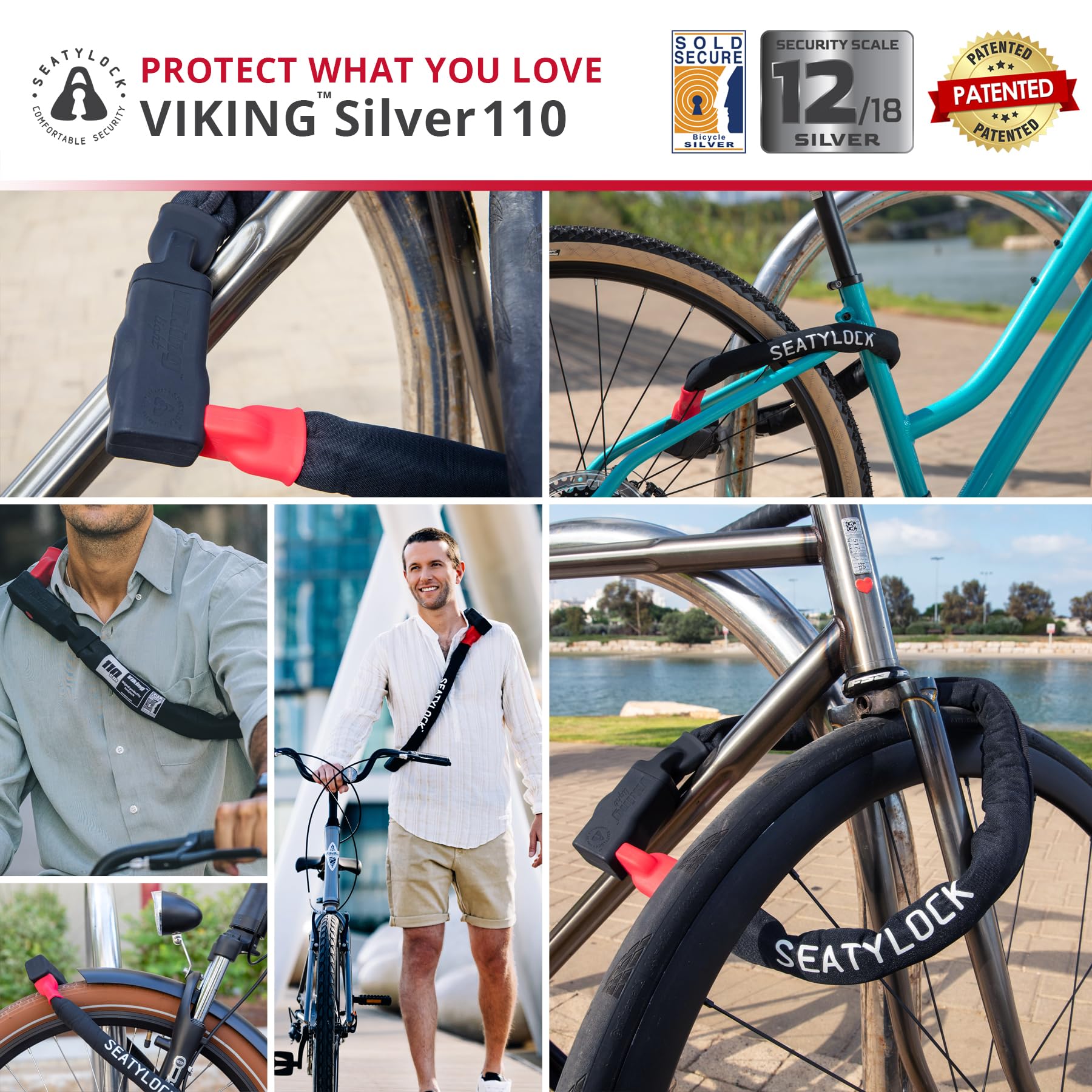 Seatylock Viking Chaine Antivol Velo - Cadenas Velo Antivol Ultra Leger en Acier Trempé - Anti Vol Velo avec 3 Ans de Tranquillité d'Ésprit (110 cm, Classé Sold Secure Argent)